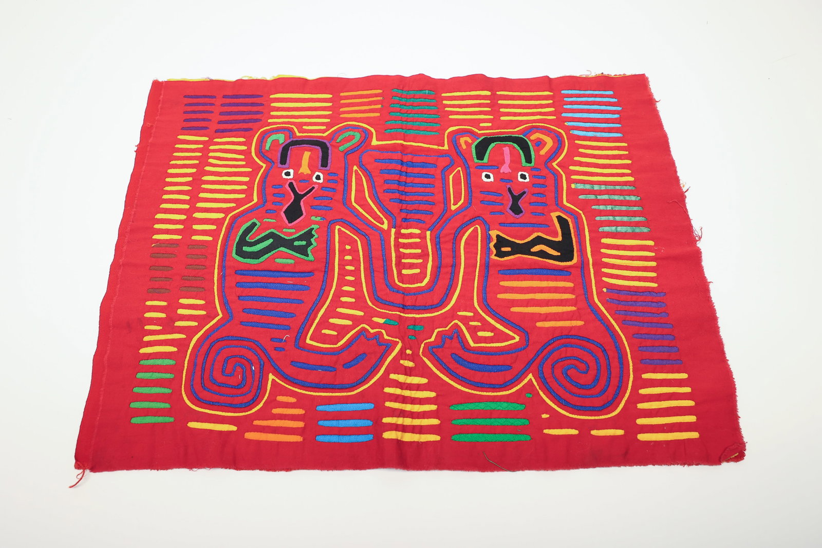 Kuna Mola Panama Reverse Applique Textile: Authentic hand-stitched mola textile made by the Guna (Kuna) people of the San Blas Islands, Panama, using the traditional multi-layer reverse-appliqué technique. Features a striking mirrored design