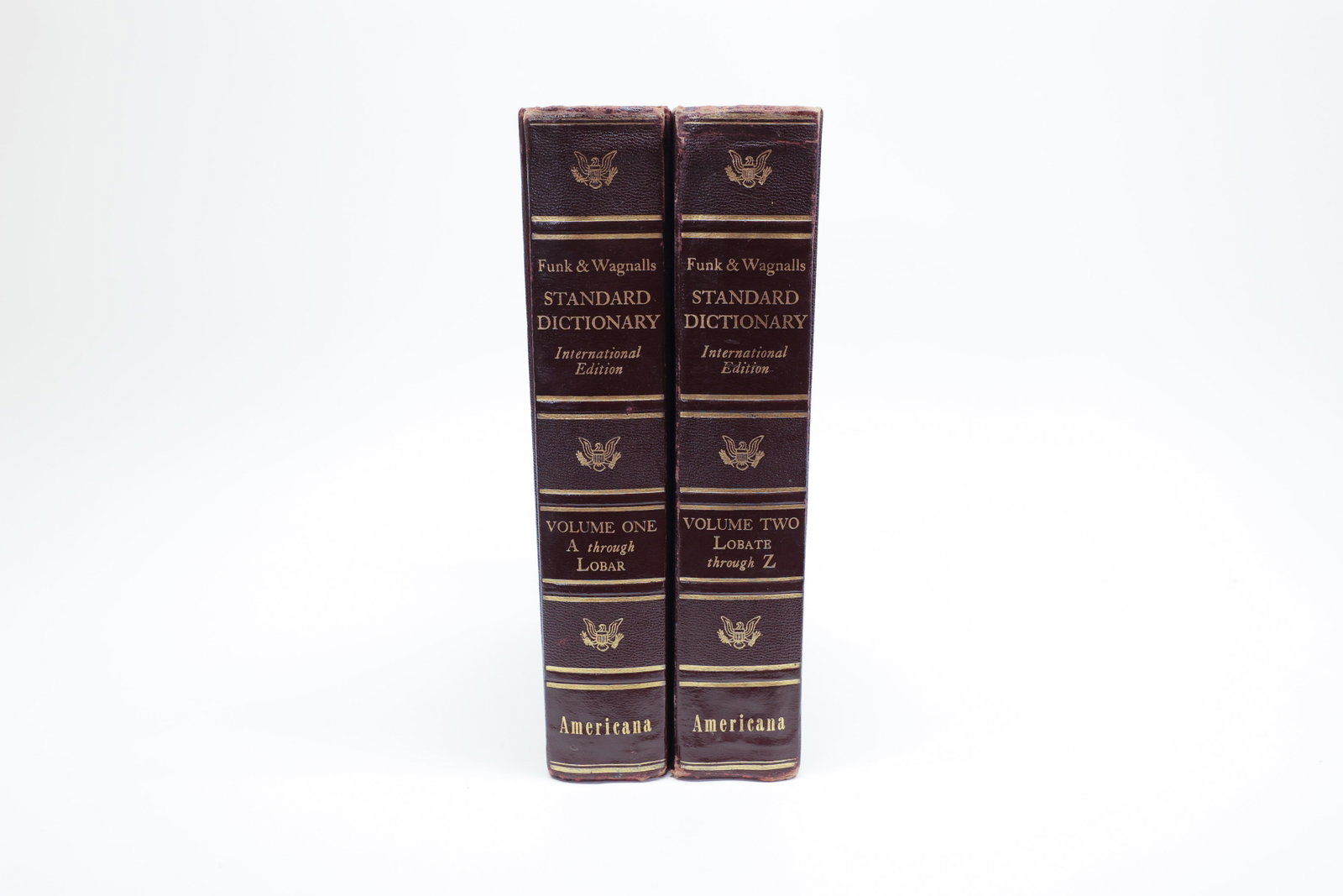 Funk & Wagnalls Standard Dictionary, 2 Volumes: Description:A two-volume set of the Funk & Wagnalls Standard Dictionary of the English Language, International Edition, copyright 1958, 1959, and 1960. Volume One covers A through Lobar and Volume