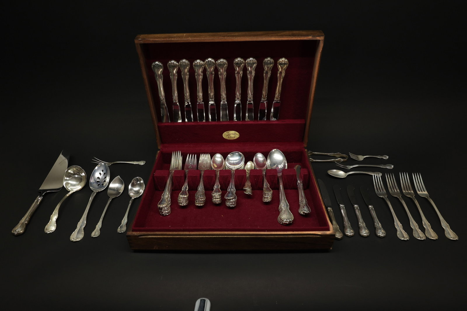 Towle Sterling French Provincial 96 pieces: Description:A 96-piece sterling silver flatware set by Towle in the "French Provincial" pattern, marked "Towle Sterling" with the maker's shield mark on the reverse of each piece. The service