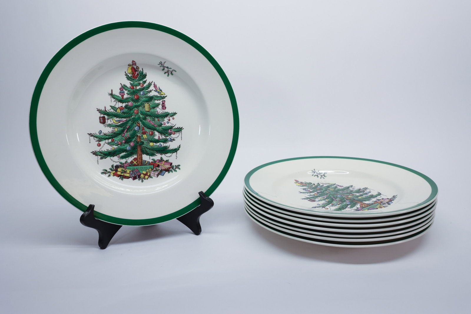 Set of 8 Spode Christmas Tree Dinner Plates: Diameter: 10 3/4"Dimensions: H: 3", W: 10.75"