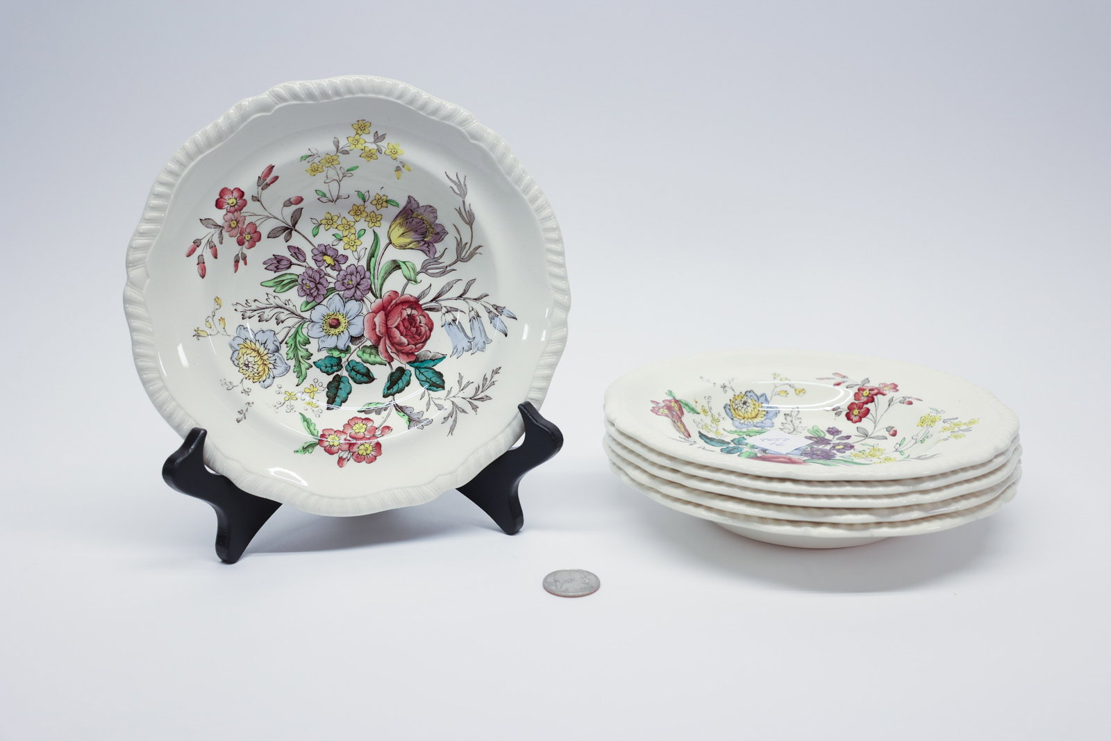 Copeland Spode "Romney" Salad Plates, Set of 6: Set of six earthenware salad/dessert plates (7¾" dia.) in Copeland Spode's "Romney" pattern, with a gadrooned rim and a polychrome transfer-printed floral bouquet — roses, tulips, chrysanthem