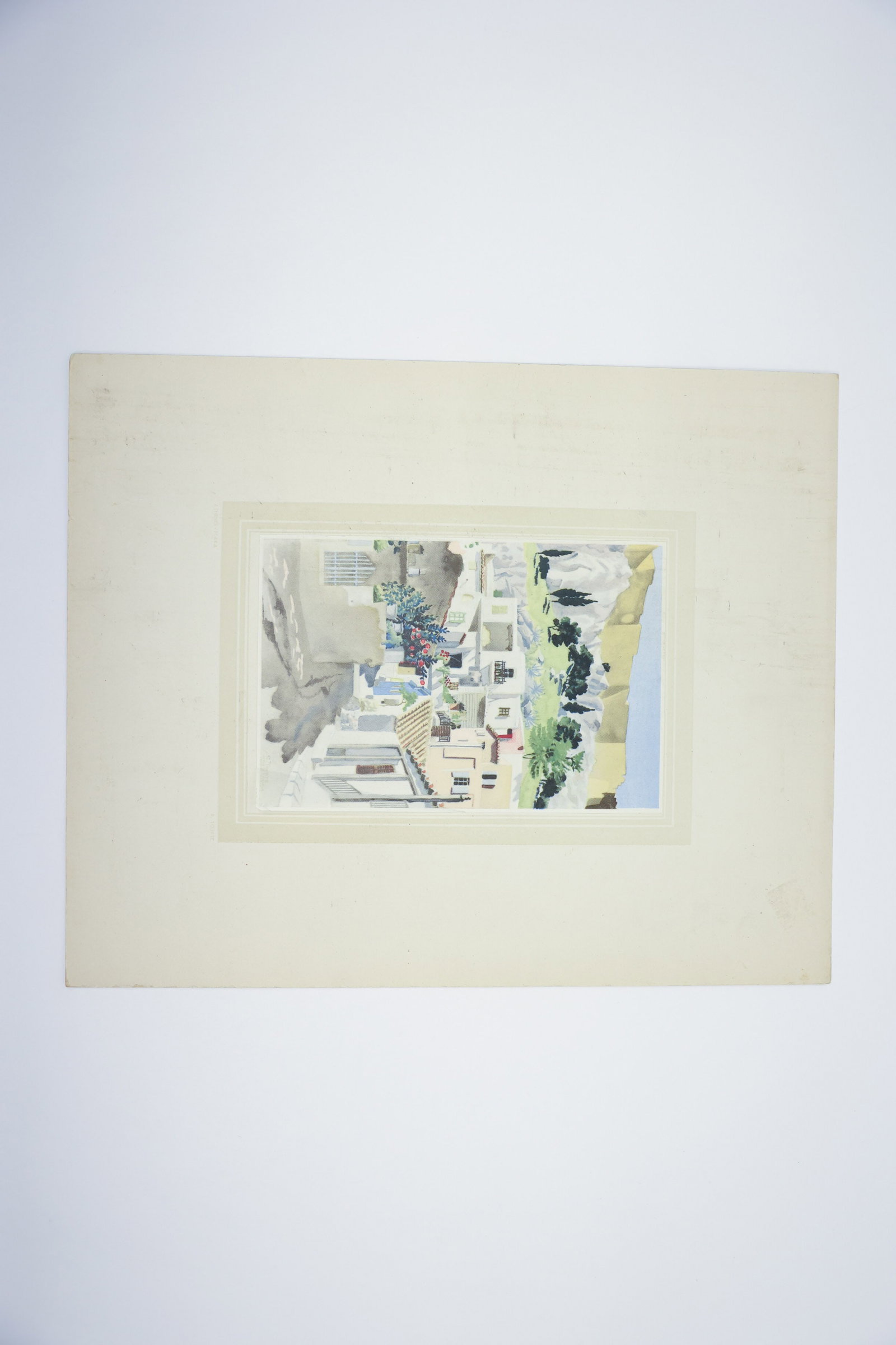 R. Tourte "Athènes-Plaka" Watercolor Print, Athens: Print of a watercolor depicting a street scene in the Plaka district of Athens, Greece, with whitewashed buildings, potted plants, and a view toward the Acropolis in the background. Titled "Athènes-P