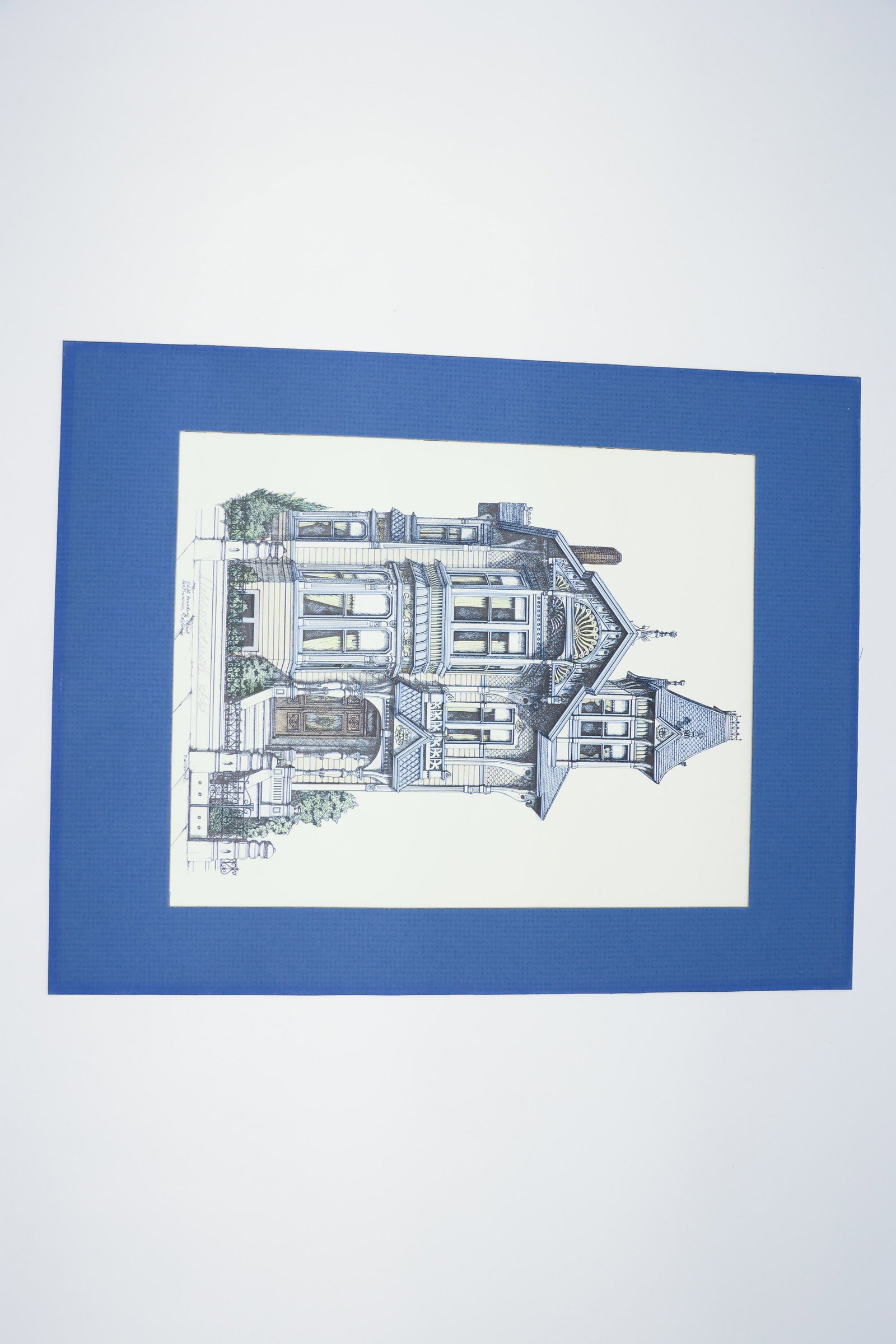 D.W. Patrick 2230 Broadway St. San Francisco Print: Pen-and-ink architectural illustration with color accents, depicting a Victorian-style residence at 2230 Broadway Street, San Francisco, California. Titled with address in the artist's hand, signed "D