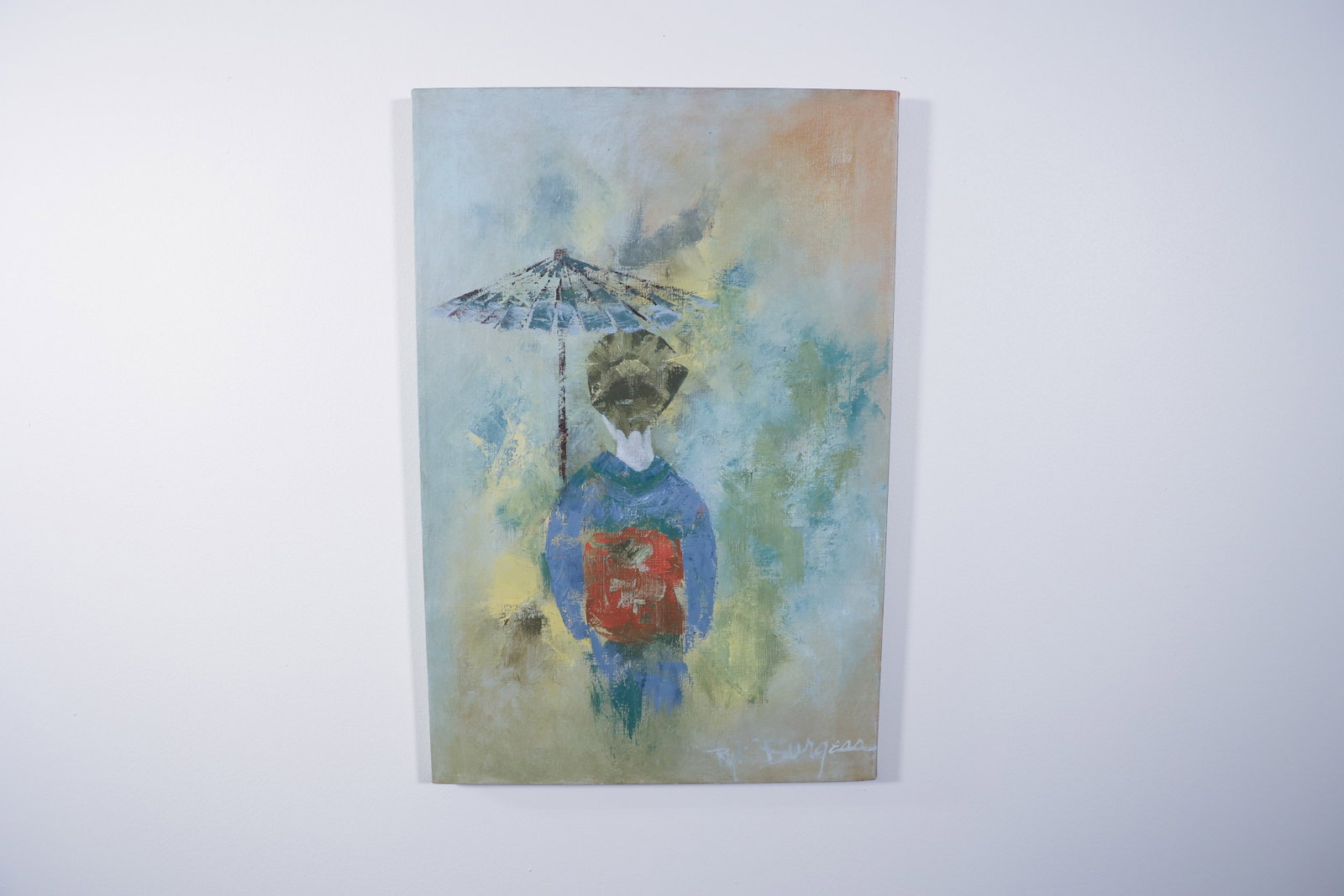 Ryk Burgess "Umbrella Geisha II" Oil on Canvas: Original oil painting depicting an abstracted figure in a kimono beneath a parasol, in a soft palette of blues, greens, and gold. Signed "Ryk Burgess" lower right on the front. Titled "Umbrella Geisha