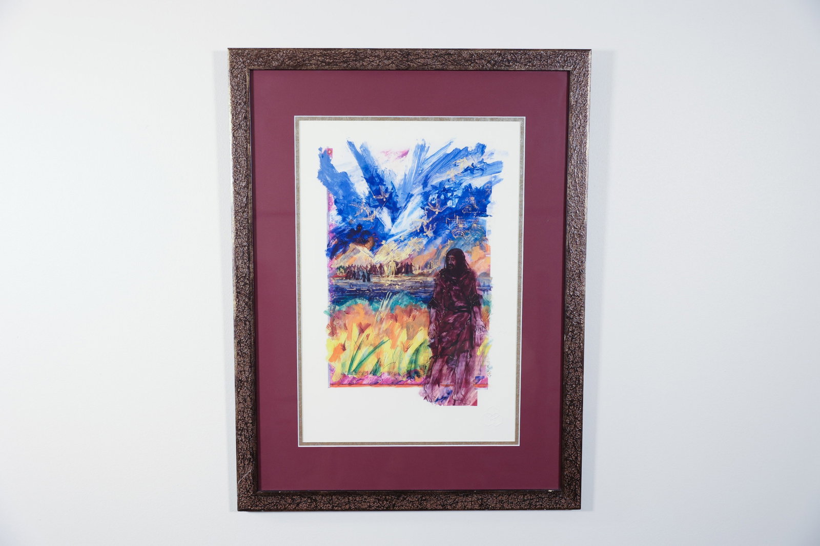 Saint John's Bible Print, Baptism of Jesus: Fine art giclée print of "Baptism of Jesus" (Mark Frontispiece), from The Saint John's Bible, illustrated by Donald Jackson, published 2002. Depicts John the Baptist in the foreground with Christ sta