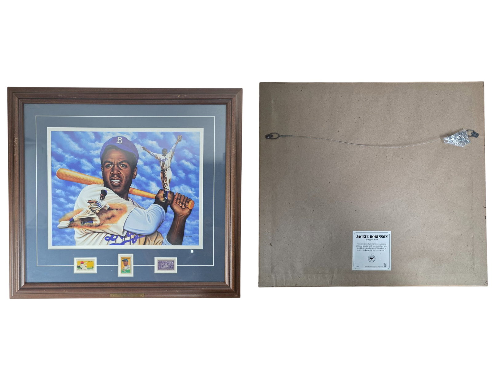 MLB JACKIE ROBINSON FRAMED PRINT BY HIGGINS BOND W/ BASEBALL STAMPS: AI generated Dimensions Frame size: 18.5 x 20.5 in. Image size: 10.5 x 13.5 in.