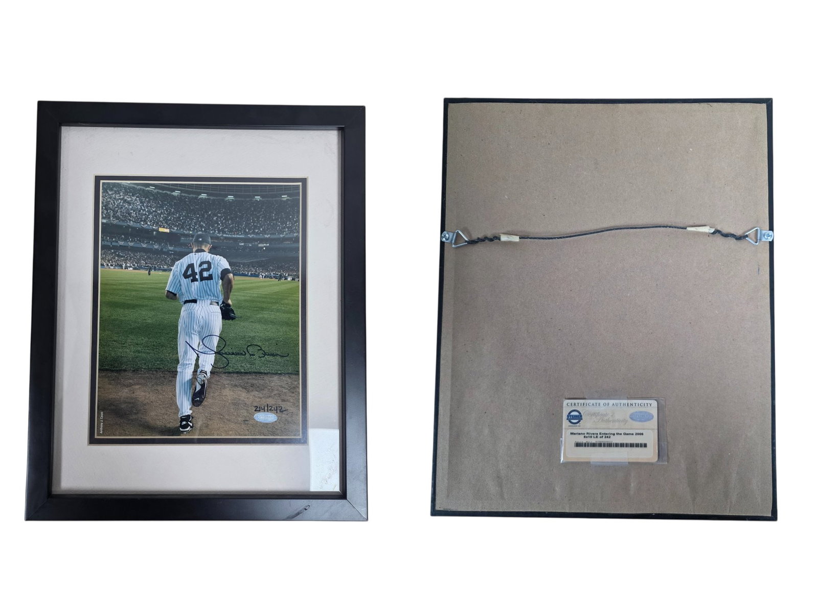LIMITED EDITION FRAMED PHOTOGRAPH OF MARIANO RIVERA ENTERING THE GAME 2006 SIGNED STEINER: This exceptional sports memorabilia piece features an authentic autograph from legendary closer Mariano Rivera on a limited edition photograph capturing his iconic bullpen entrance in 2006. Fully auth