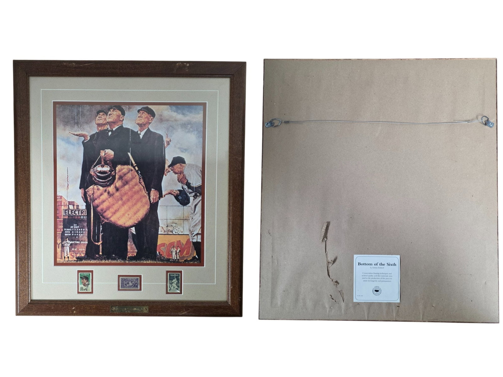 NORMAN ROCKWELL "BOTTOM OF THE SIXTH" FRAMED PRINT EBBETS FIELD W/ CLASSIC STAMPS: This classic sports memorabilia piece features a professionally framed print of Norman Rockwell's iconic "Bottom of the Sixth" painting, famously depicting umpires debating a rain call at Brooklyn's