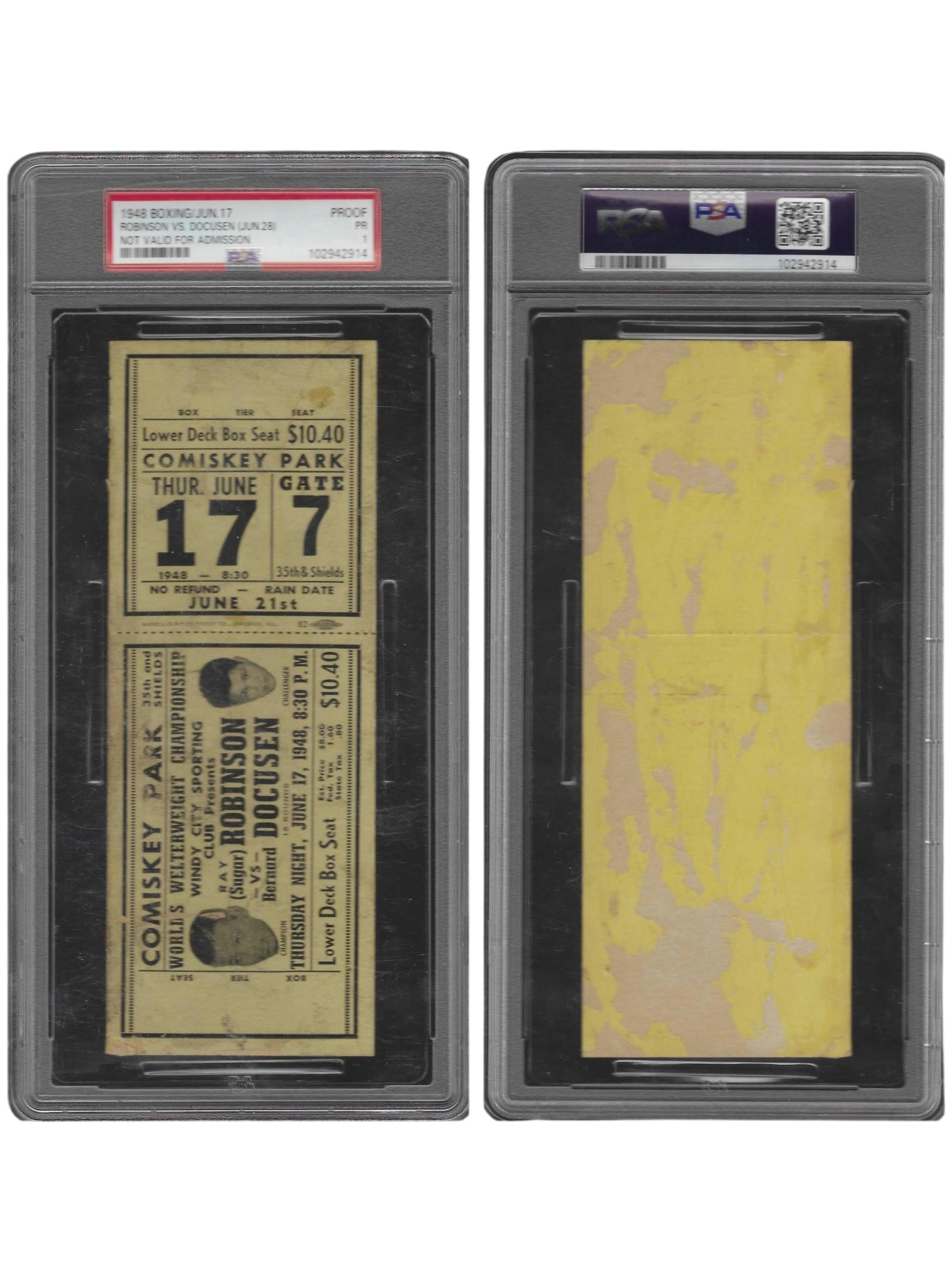 1948 ROBINSON VS DOCUSEN PROOF TICKET PSA PR 1: This rare memorabilia piece features an official proof ticket from the June 28, 1948, World Welterweight Championship bout between legendary champion Sugar Ray Robinson and Bernard Docusen at Comiskey