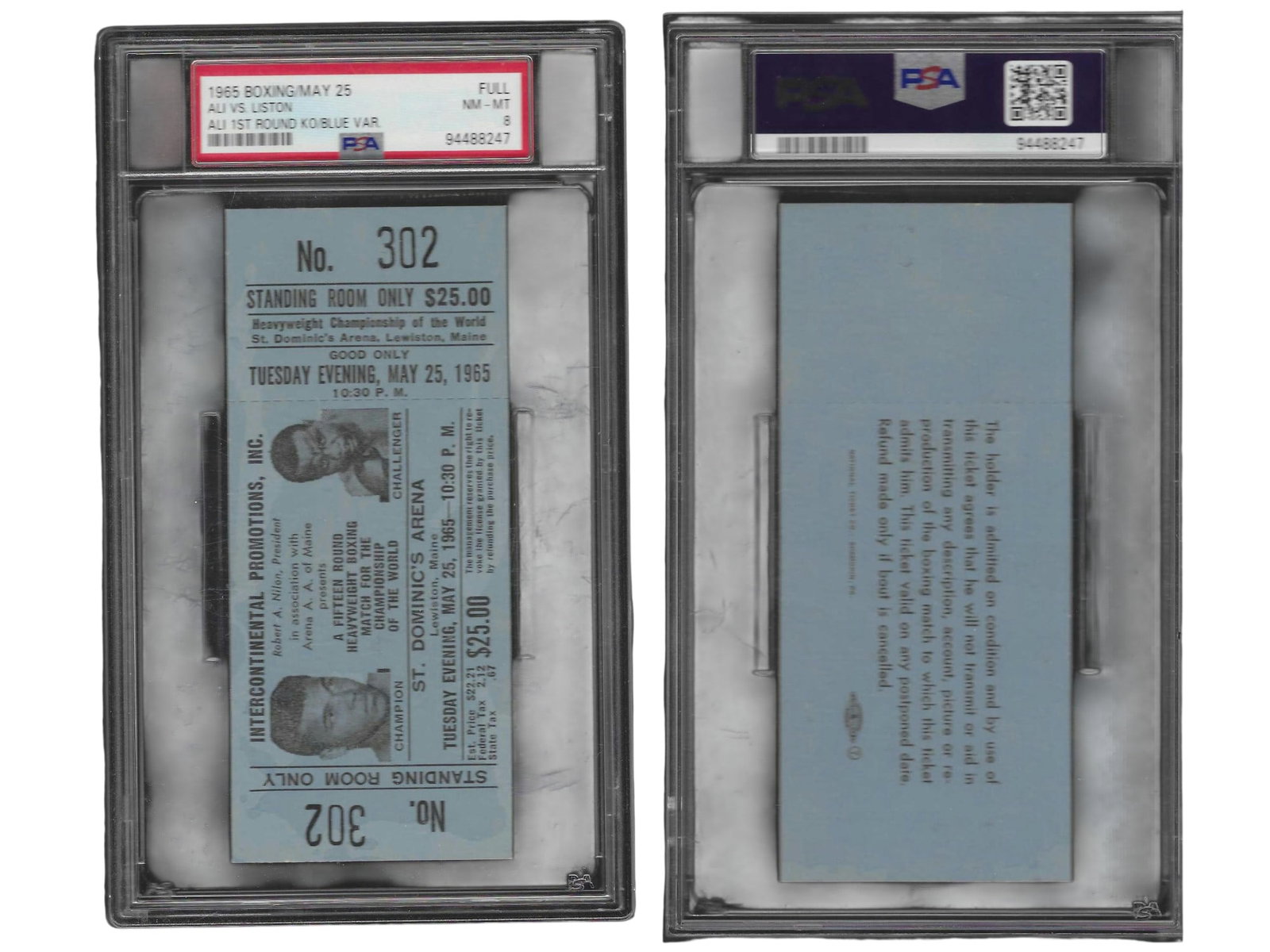 1965 ALI VS LISTON MAY 25TH FULL FIGHT TICKET PSA 8: This exceptional memorabilia piece features a professional-grade boxing glove boldly signed by a powerhouse lineup of five heavyweight world champions: Buster Douglas, Oliver McCall, Michael Moorer, S