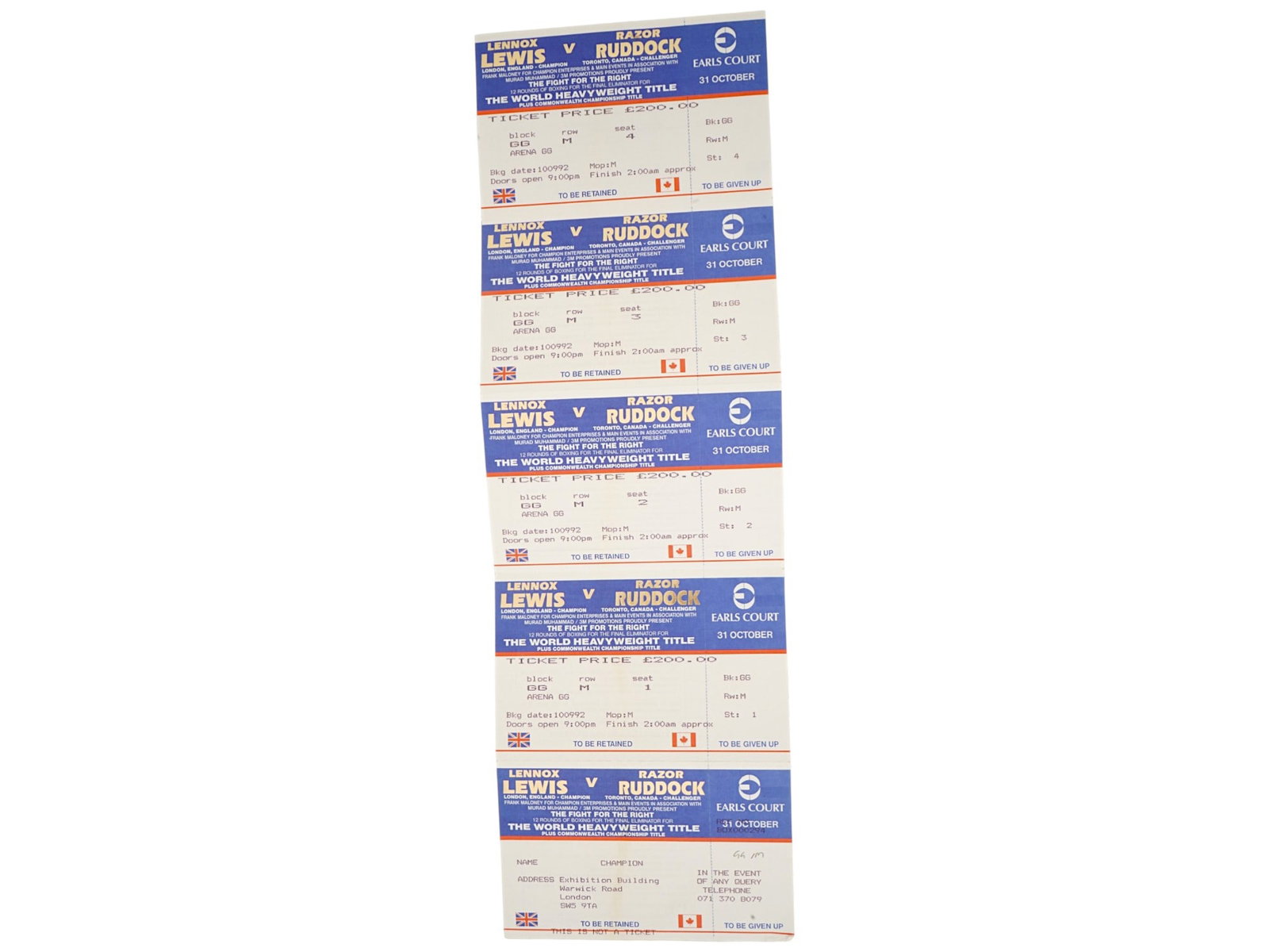 LOT OF 1992 LEWIS RUDDOCK BOXING MATCH ENTRY TICKETS (1 of 4)