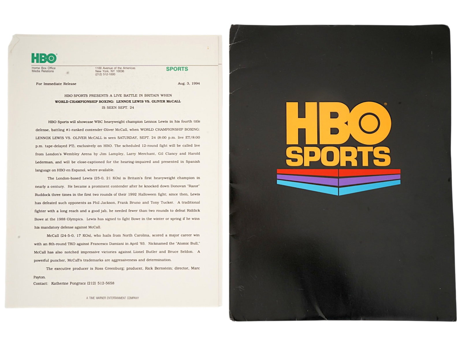 HBO SPORTS LENNOX LEWIS VS OLIVER MCCALL PRESS RELEASE: A vintage original HBO Sports press release from August 3, 1994, announcing the WBC boxing heavyweight championship fight between Lennox Lewis and Oliver McCall. Historical Collectibles, Sports Memora