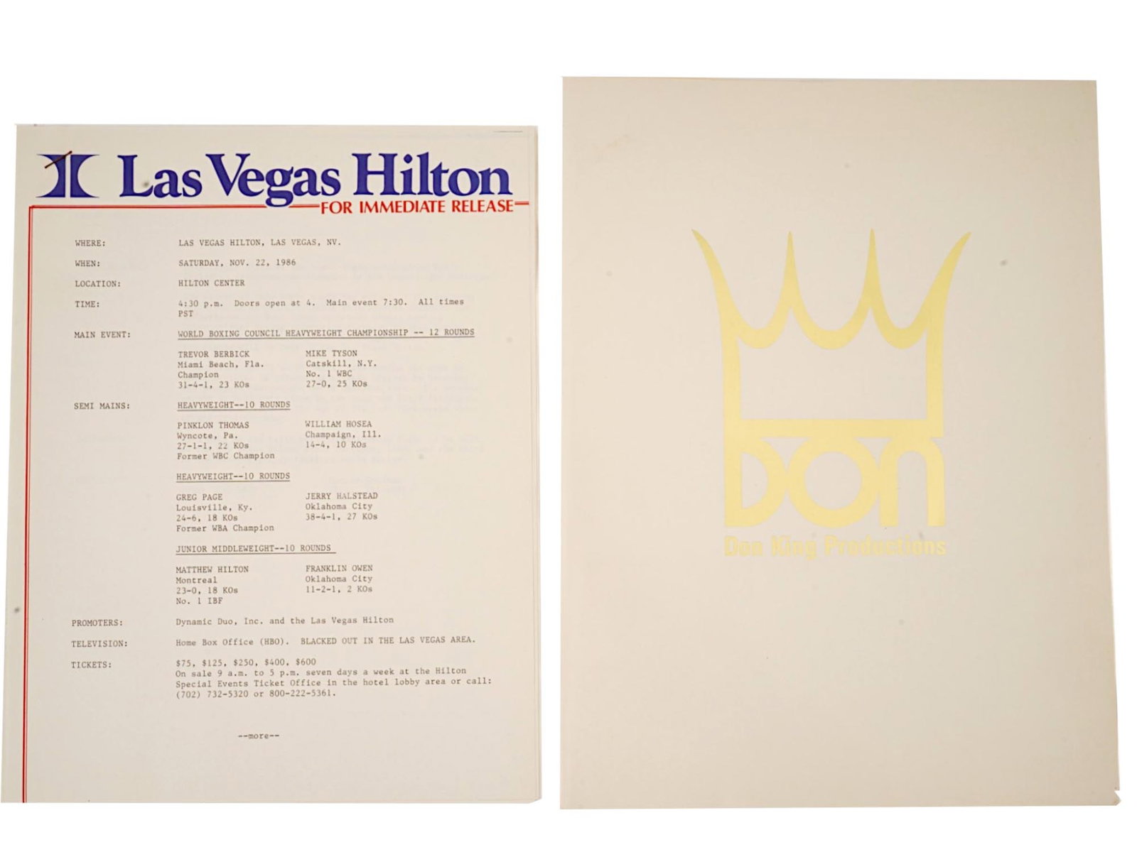 PRESS RELEASE LAS VEGAS MIKE TYSON AND TREVOR BERBICK: A press kit and release for the heavyweight championship bout between Mike Tyson and Trevor Berbick, held at the Las Vegas Hilton on November 22, 1986. The documents relate to the historic WBC