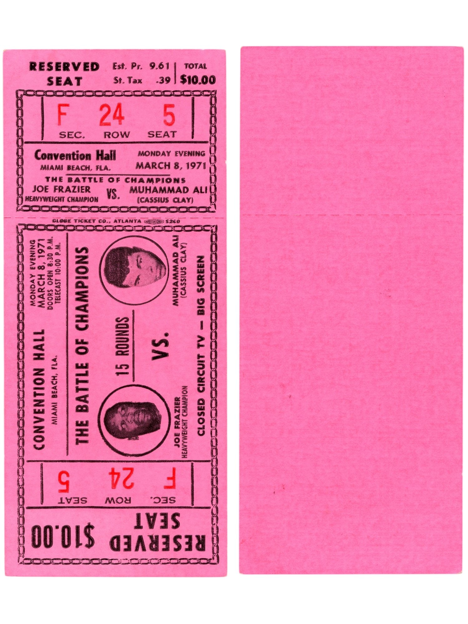 1971 FRAZIER VS ALI BATTLE OF CHAMPIONS CCTV MIAMI CONVENTION HALL FULL TICKET: This rare vintage memorabilia piece features a full, unused Closed-Circuit Television (CCTV) ticket for the historic March 8, 1971, "Battle of the Champions" showdown between undefeated heavyweight ti