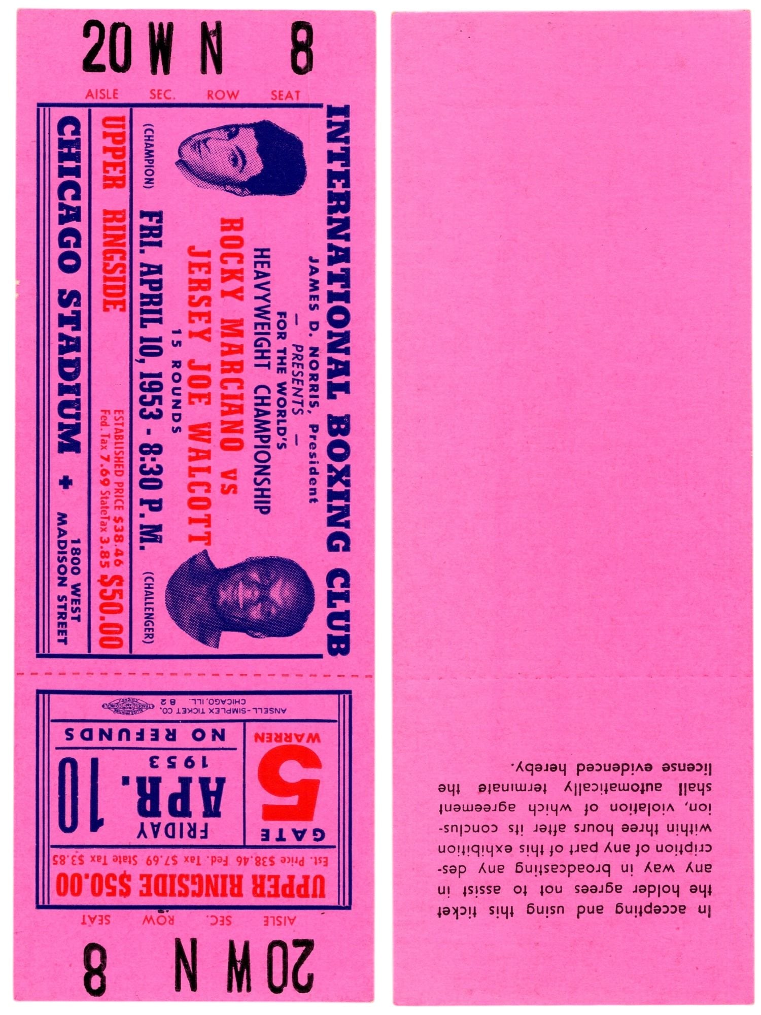 1953 MARCIANO VS WALCOTT APRIL 10TH FULL FIGHT TICKET: This rare vintage memorabilia piece features a full, unused "phantom" ticket for the highly anticipated World Heavyweight Championship rematch between "The Brockton Blockbuster" Rocky Marciano and "Je