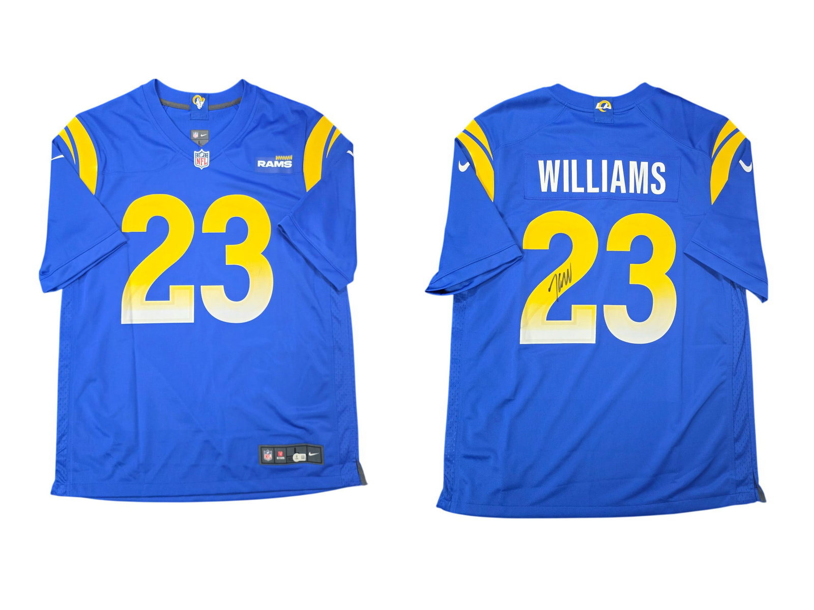 KYREN WILLIAMS SIGNED RAMS ON FIELD NIKE JERSEY BECKETT AUTHENTICATED: This exciting sports memorabilia piece features a bold signature from Pro Bowl running back Kyren Williams on a Los Angeles Rams On Field Nike jersey. Authenticated by Beckett Authentication