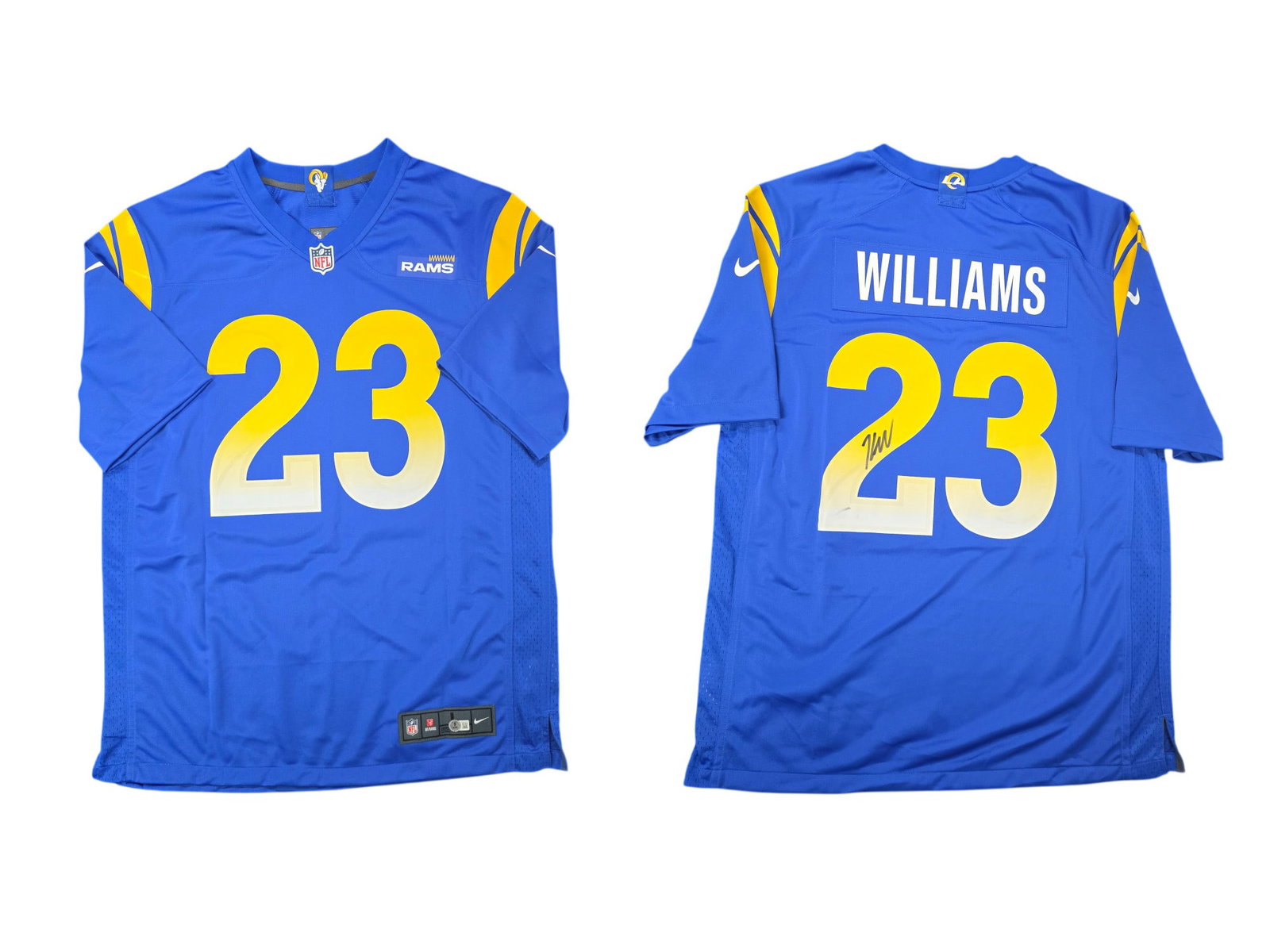 KYREN WILLIAMS SIGNED RAMS ON FIELD NIKE JERSEY BECKETT AUTHENTICATED: This exciting sports memorabilia piece features a bold signature from Pro Bowl running back Kyren Williams on a Los Angeles Rams On Field Nike jersey. Authenticated by Beckett Authentication