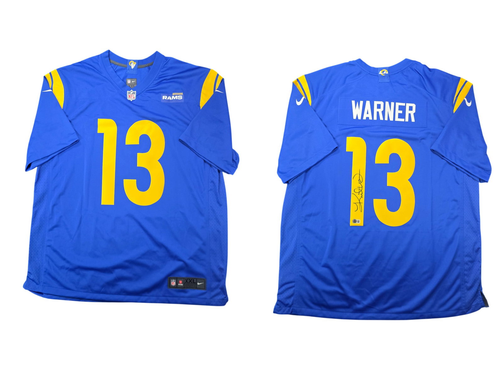 KURT WARNER SIGNED RAMS ON FIELD NIKE JERSEY BECKETT AUTHENTICATED: This legendary sports collectible features a clean signature from Pro Football Hall of Fame quarterback Kurt Warner on a Los Angeles Rams On Field Nike jersey. Authenticated by Beckett, this piece com
