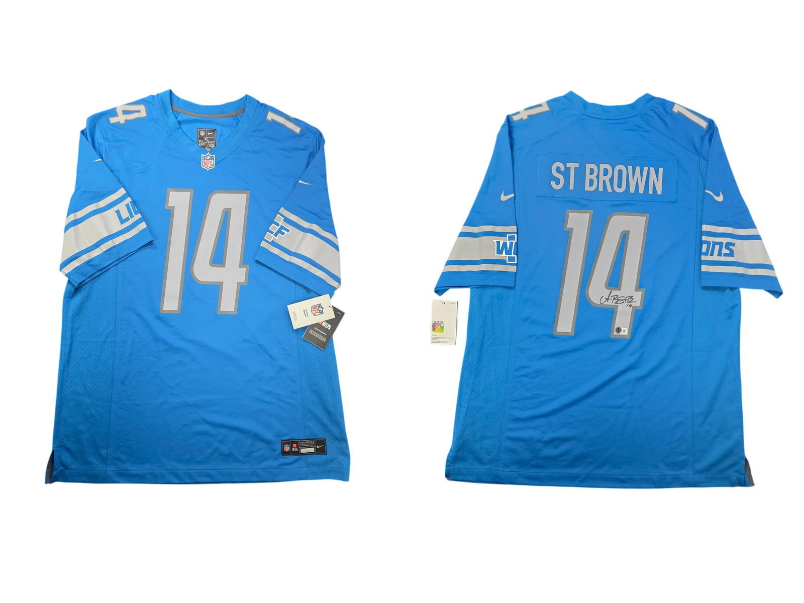 AMON-RA ST. BROWN SIGNED LIONS ON FIELD NIKE JERSEY BECKETT AUTHENTICATED: This high-end sports collectible features an authentic autograph from All-Pro wide receiver Amon-Ra St. Brown on a Detroit Lions On Field Nike jersey. Backed by Beckett Authentication Services, this