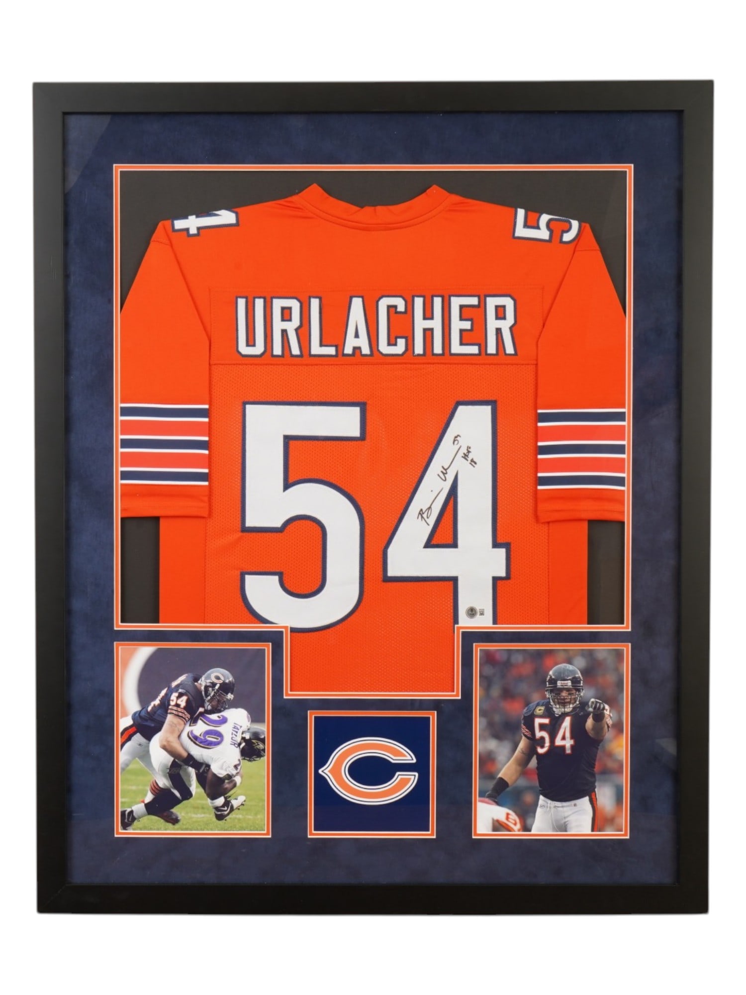 FRAMED BRIAN URLACHER SIGNED CHICAGO BEARS ORANGE JERSEY: This premier memorabilia centerpiece features a custom-framed Chicago Bears jersey hand-signed by legendary middle linebacker and 2018 Pro Football Hall of Fame inductee Brian Urlacher. The jersey is
