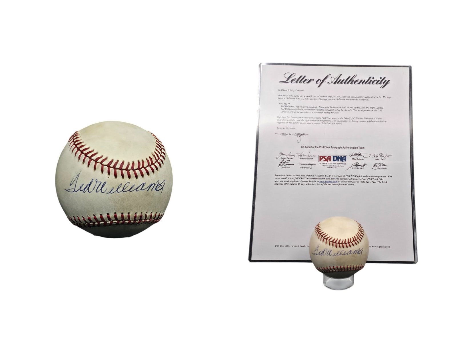 TED WILLIAMS SIGNED BASEBALL PSA AUTHENTICATED W AUCTION LETTER: This autographed memorabilia piece features an official baseball boldly signed by legendary slugger and National Baseball Hall of Fame inductee Ted Williams. This exceptional collectible celebrates