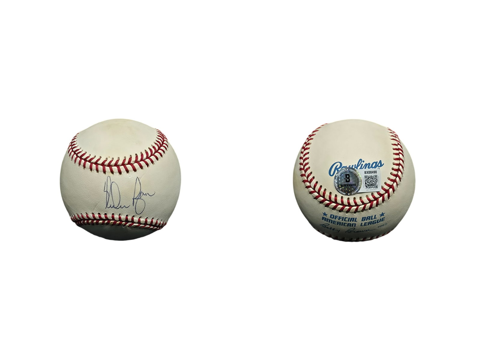NOLAN RYAN SIGNED BASEBALL BECKETT AUTHENTICATED: This autographed memorabilia piece features an official baseball boldly signed across the sweet spot by legendary power pitcher and National Baseball Hall of Fame inductee Nolan Ryan. Signed cleanly i