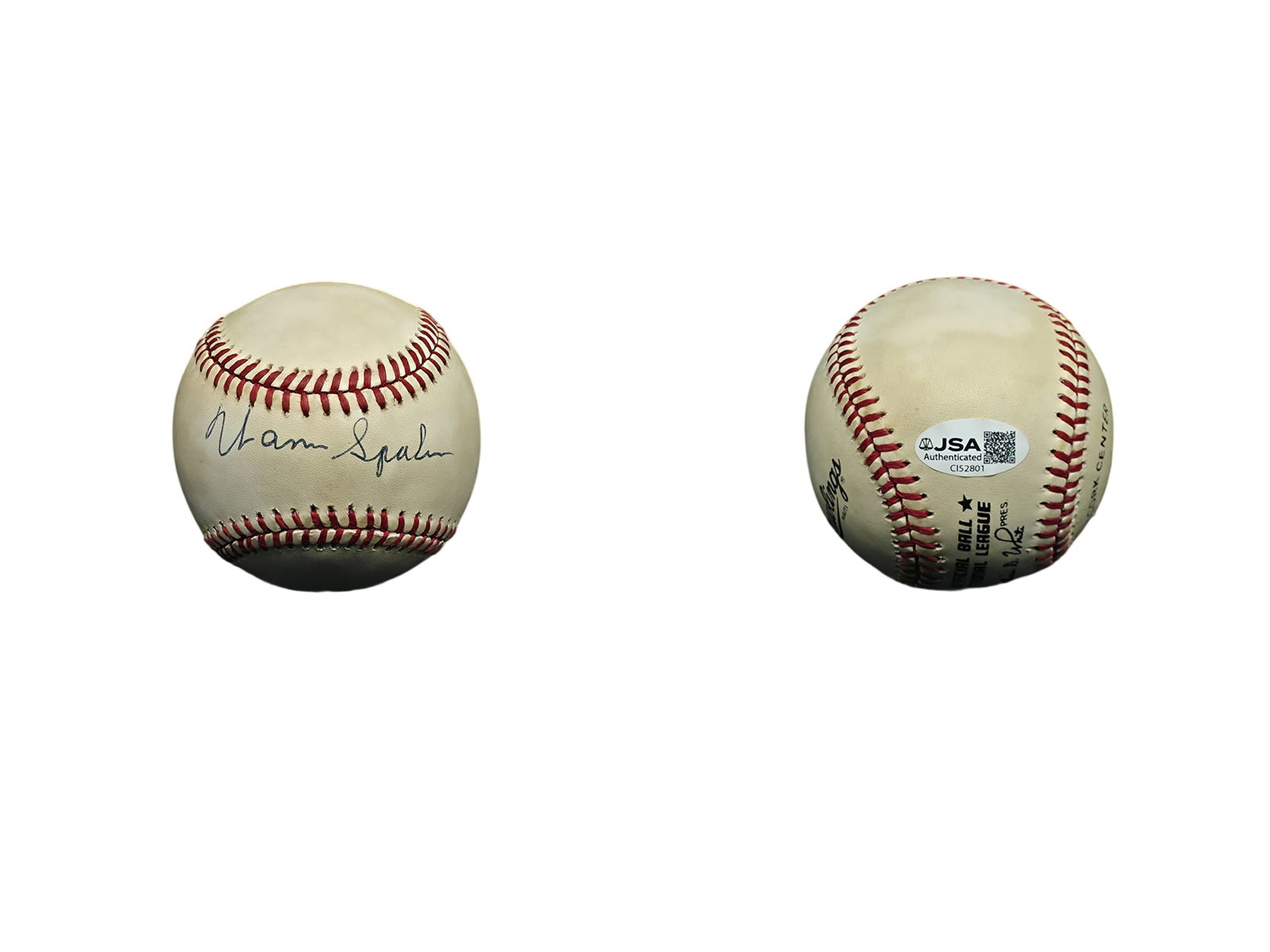 WARREN SPAHN SIGNED BASEBALL JSA AUTHENTICATED: This autographed memorabilia piece features an official baseball boldly signed across the sweet spot by legendary pitcher and National Baseball Hall of Fame inductee Warren Spahn. Signed cleanly in