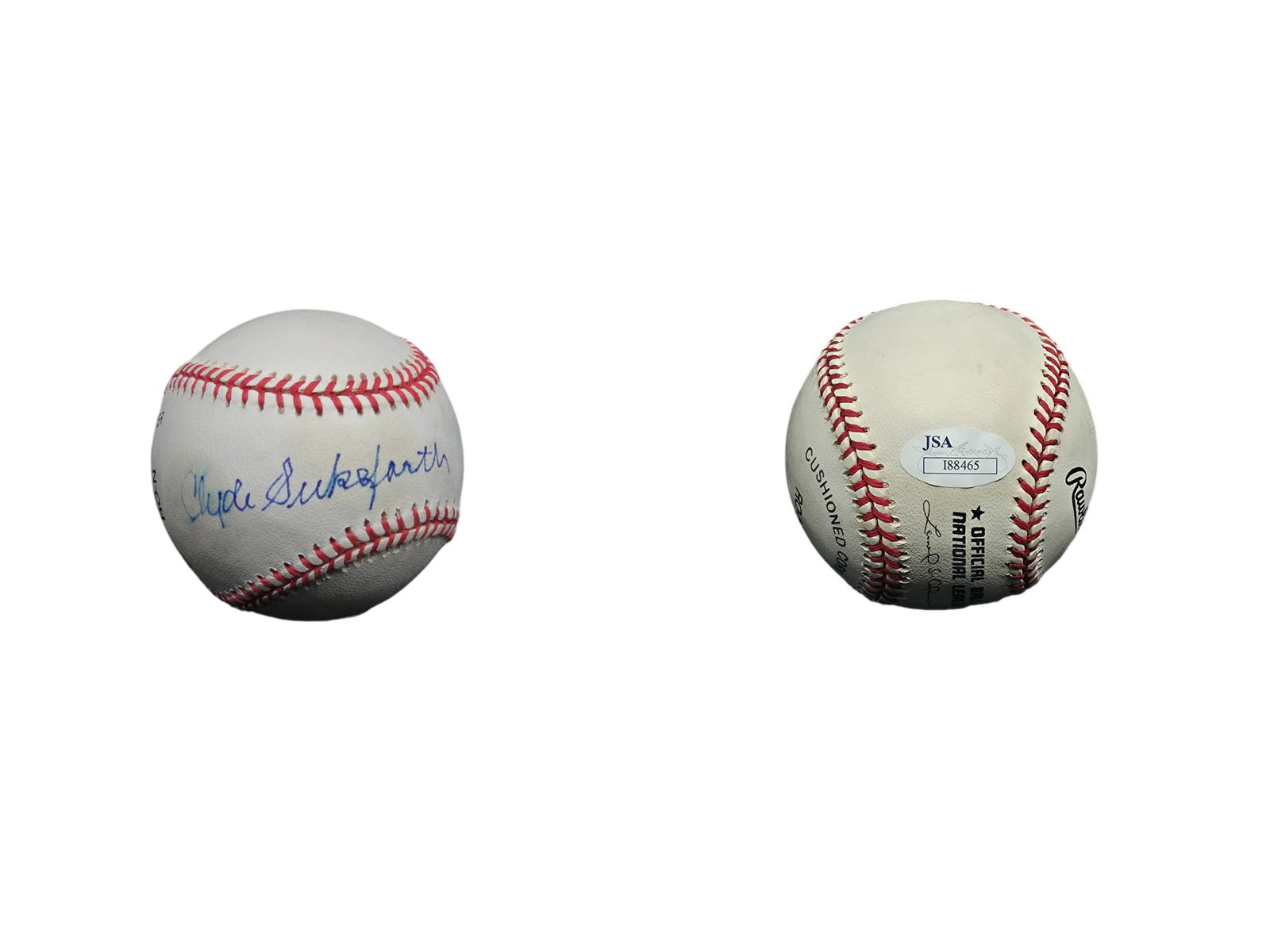 CLYDE SUKEFORTH SIGNED BASEBALL JSA AUTHENTICATED: This autographed memorabilia piece features an official baseball boldly signed by former Major League catcher, coach, and scout Clyde Sukeforth. Signed cleanly in classic ink, this exceptional collect