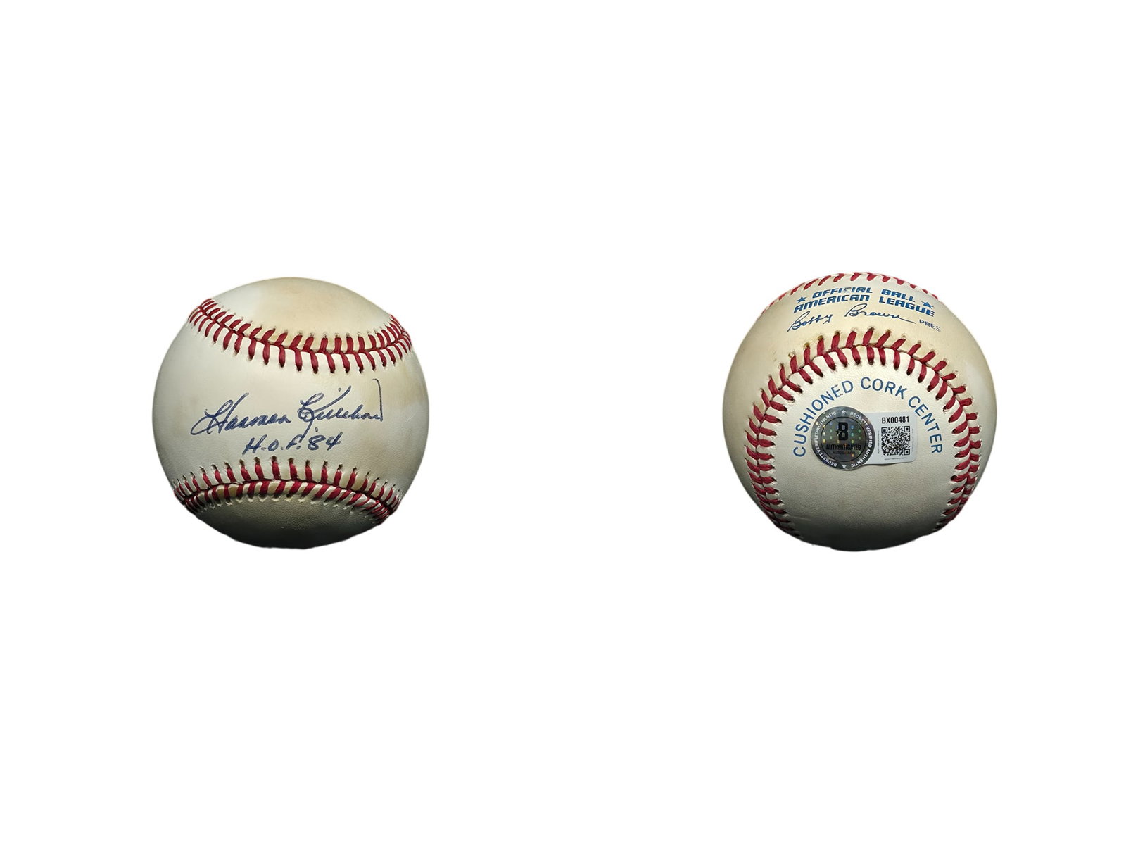 HARMON KILLBREW SIGNED BASEBALL BECKET AUTHENTICATED: This autographed memorabilia piece features an official Major League baseball boldly signed across the sweet spot by legendary slugger and National Baseball Hall of Fame inductee Harmon Killebrew.