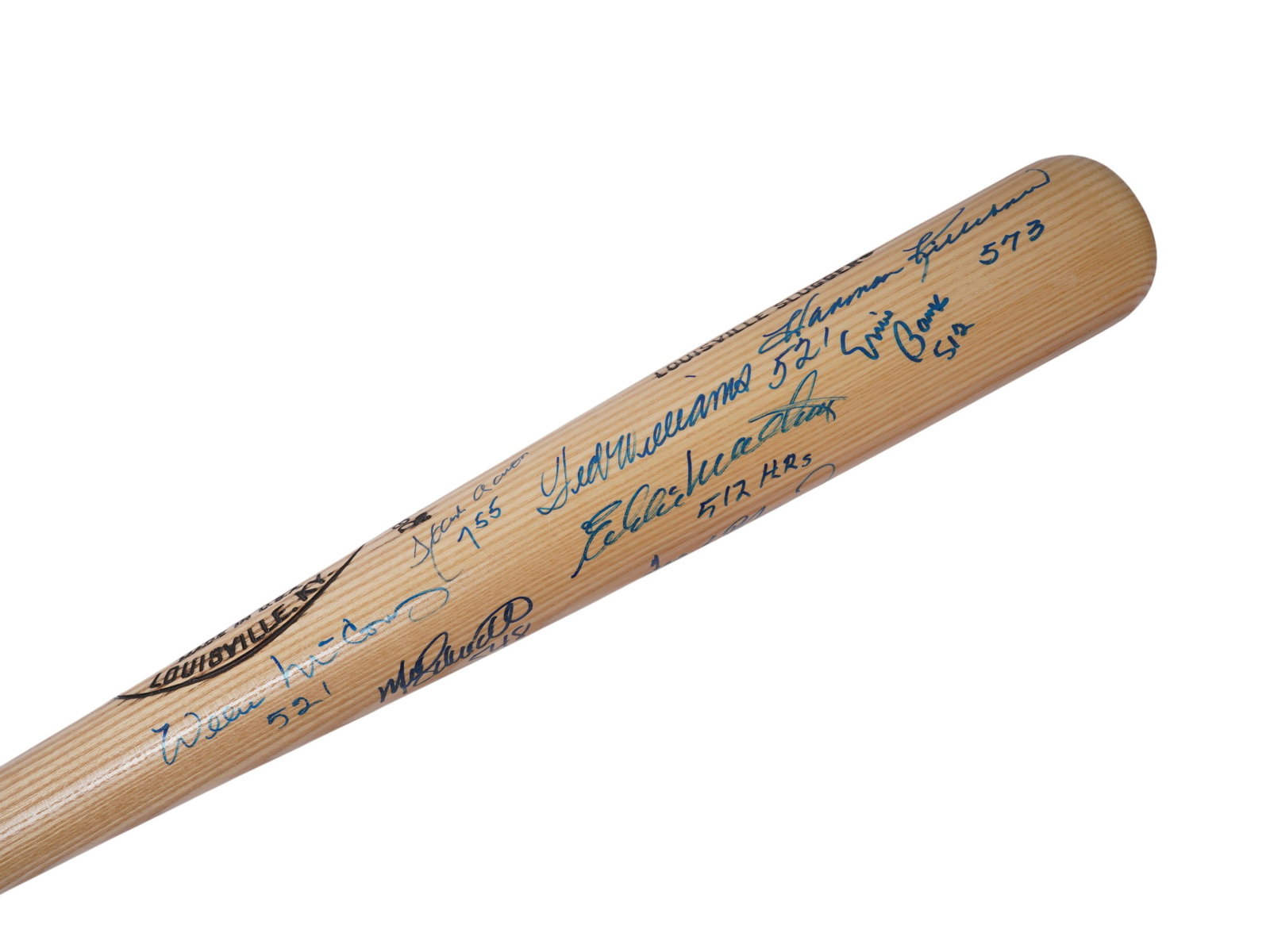 500 HOME RUN CLUB SIGNED BAT PSA AUTHENTICATED: This extraordinary piece of baseball history brings together an unprecedented assembly of power-hitting royalty. Each legend has signed the barrel in striking detail, creating an incredible display