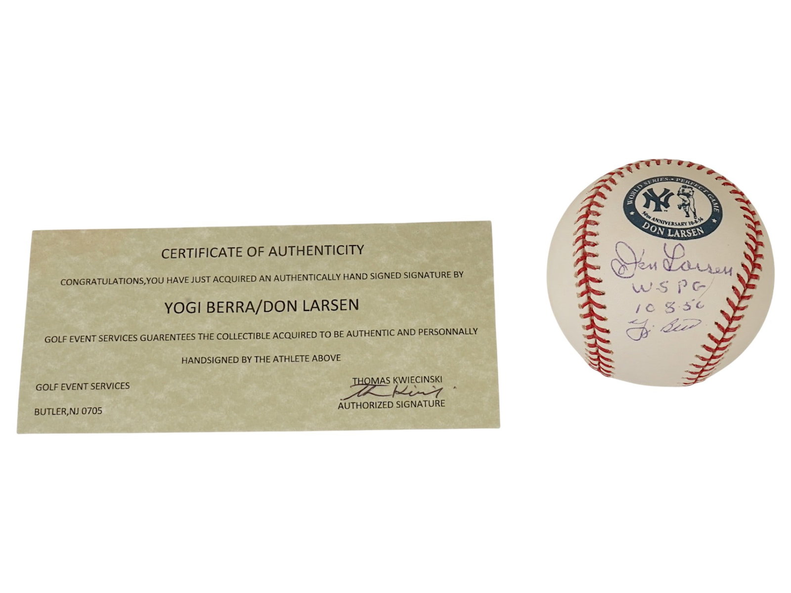 LARSEN AND BERRA SIGNED PERFECT GAME BASEBALL: This special 50th-anniversary baseball commemorates the 1956 World Series Perfect Game and is signed by both Don Larsen and Yogi Berra. Authenticated by Golf Event Services, this ball brings together