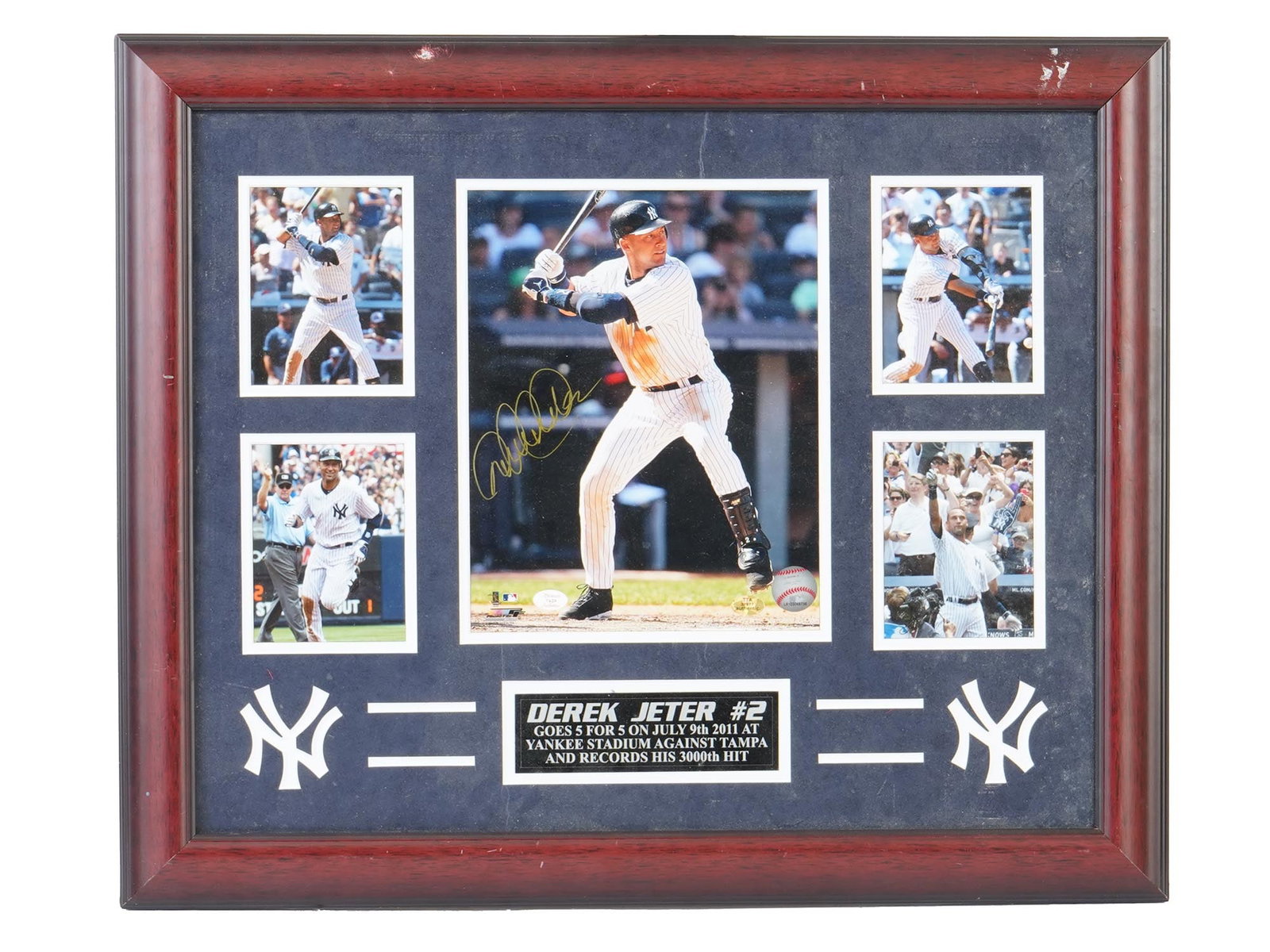 DEREK JETER SIGNED 3000TH HIT COMMEMORATIVE W COA: Framed commemorative photos celebrating Derek Jeter’s historic 3,000th hit, personally signed by the Yankees icon. This striking display honors one of baseball’s most memorable milestones and