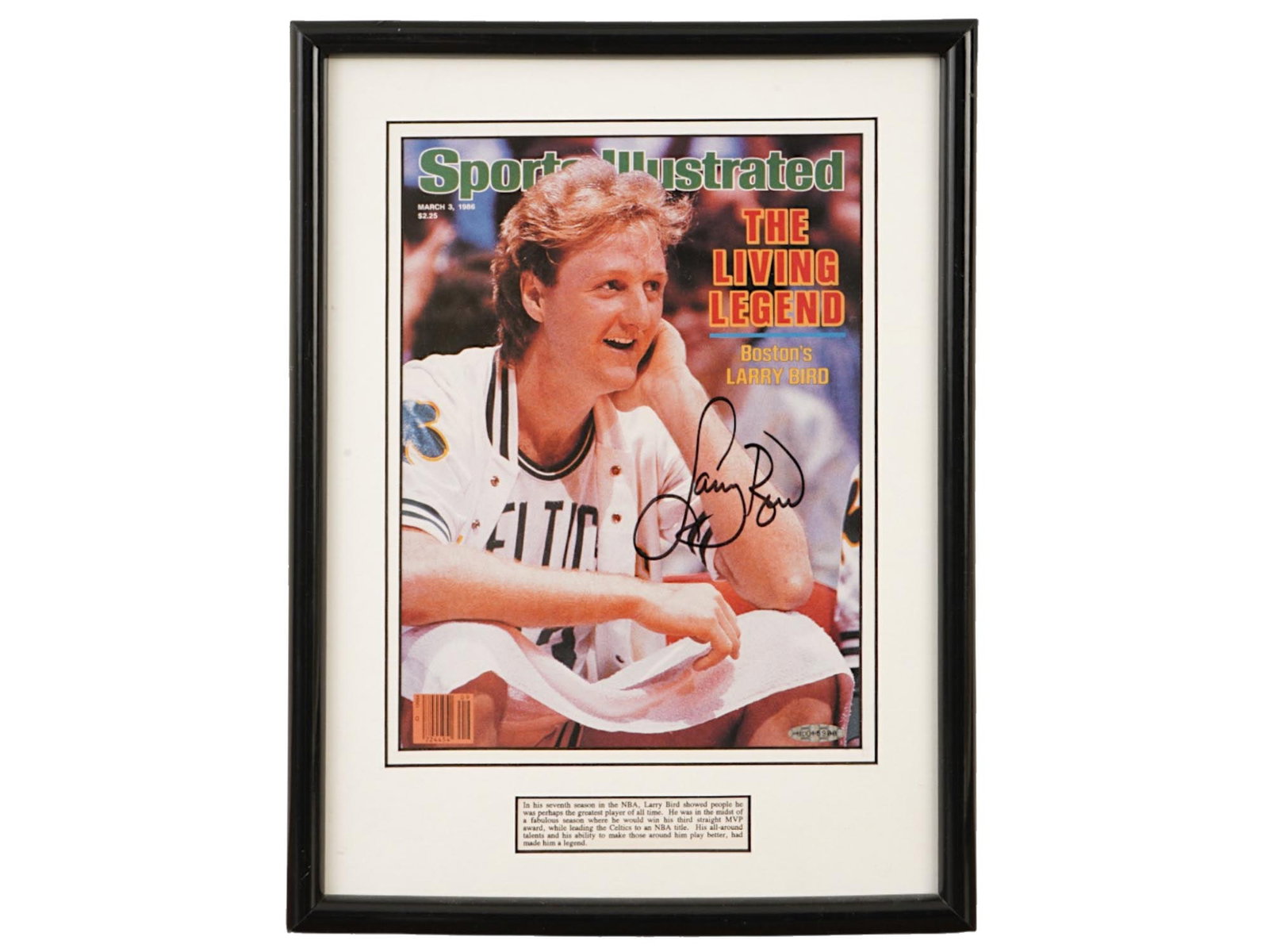 LARRY BIRD SIGNED SI MAGAZINE COVER UD AUTH: A Sports Illustrated magazine cover featuring Larry Bird, hand-signed by the Boston Celtics legend. The item is authenticated by Upper Deck (UD) and includes their serial-numbered hologram. Celtics,