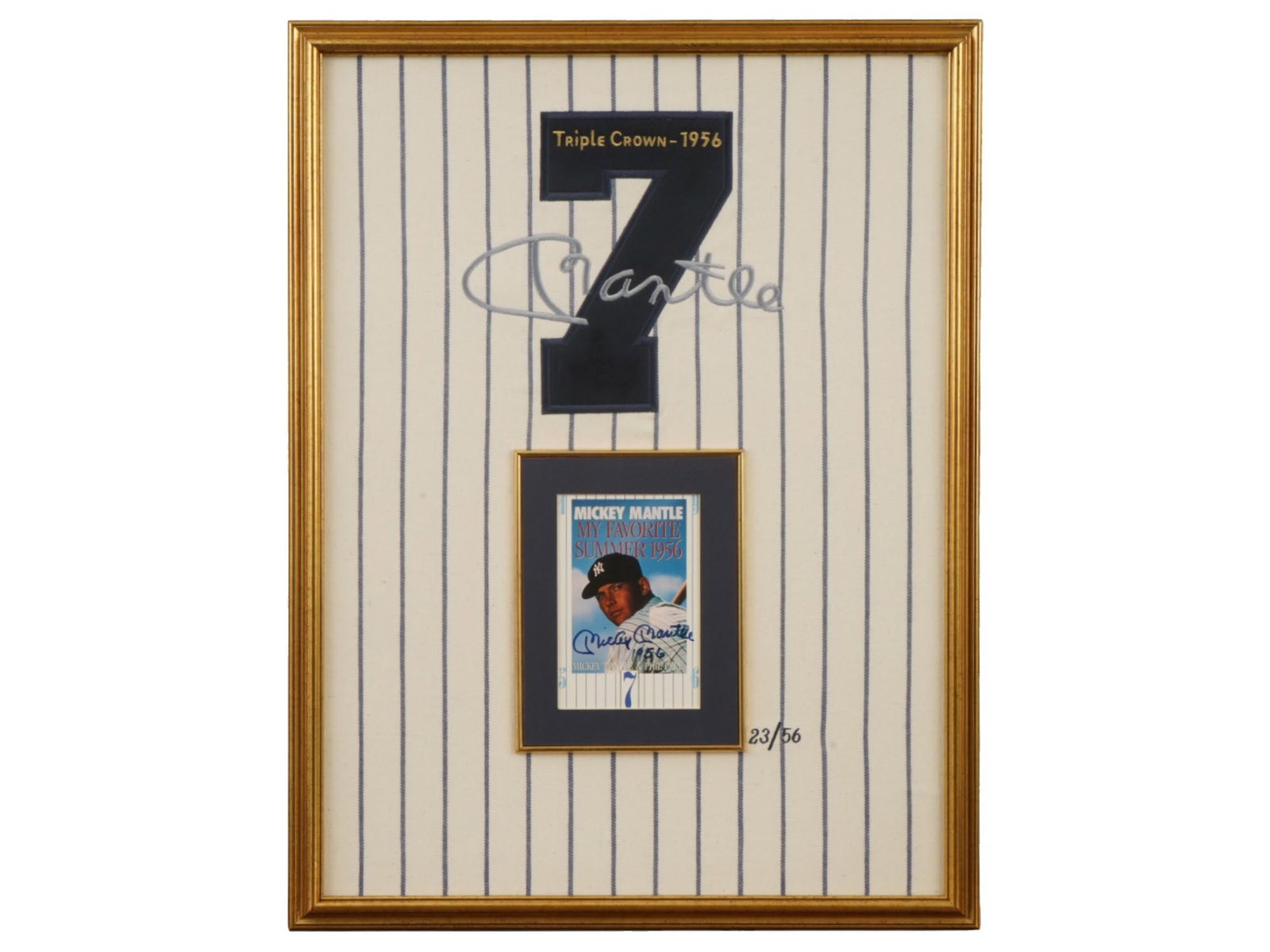 MICKEY MANTLE TRIPLE CROWN SIGNED JERSEY MATERIAL: This limited-edition collectible features an authentic piece of New York Yankees jersey material alongside a signature from the legendary Mickey Mantle. Commemorating his Triple Crown achievement,