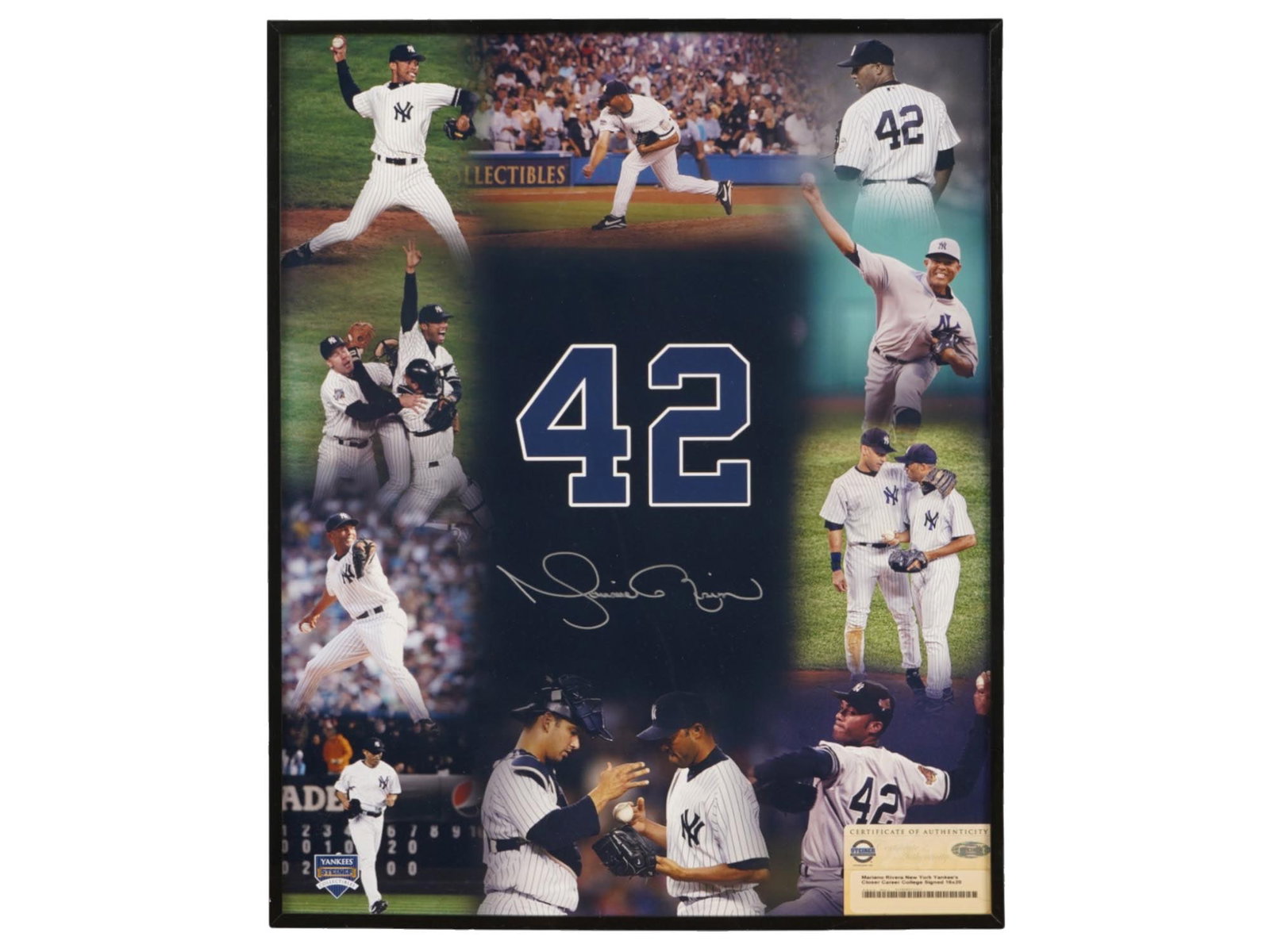 MARIANO RIVERA SIGNED NY YANKEES CAREER COLLAGE: This 16x20 photo collage celebrates the historic career of MLB’s all-time saves leader, Mariano Rivera. Hand-signed by the legendary closer and authenticated by Steiner Sports, it includes a