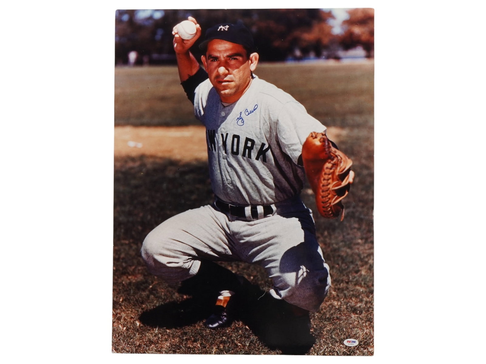 YOGI BERRA SIGNED OVERSIZED PHOTO PSA AUTH: This large-scale photograph is hand-signed by New York Yankees legend and Hall of Fame catcher Yogi Berra. The piece is fully authenticated by PSA/DNA, providing a verified and impressive display
