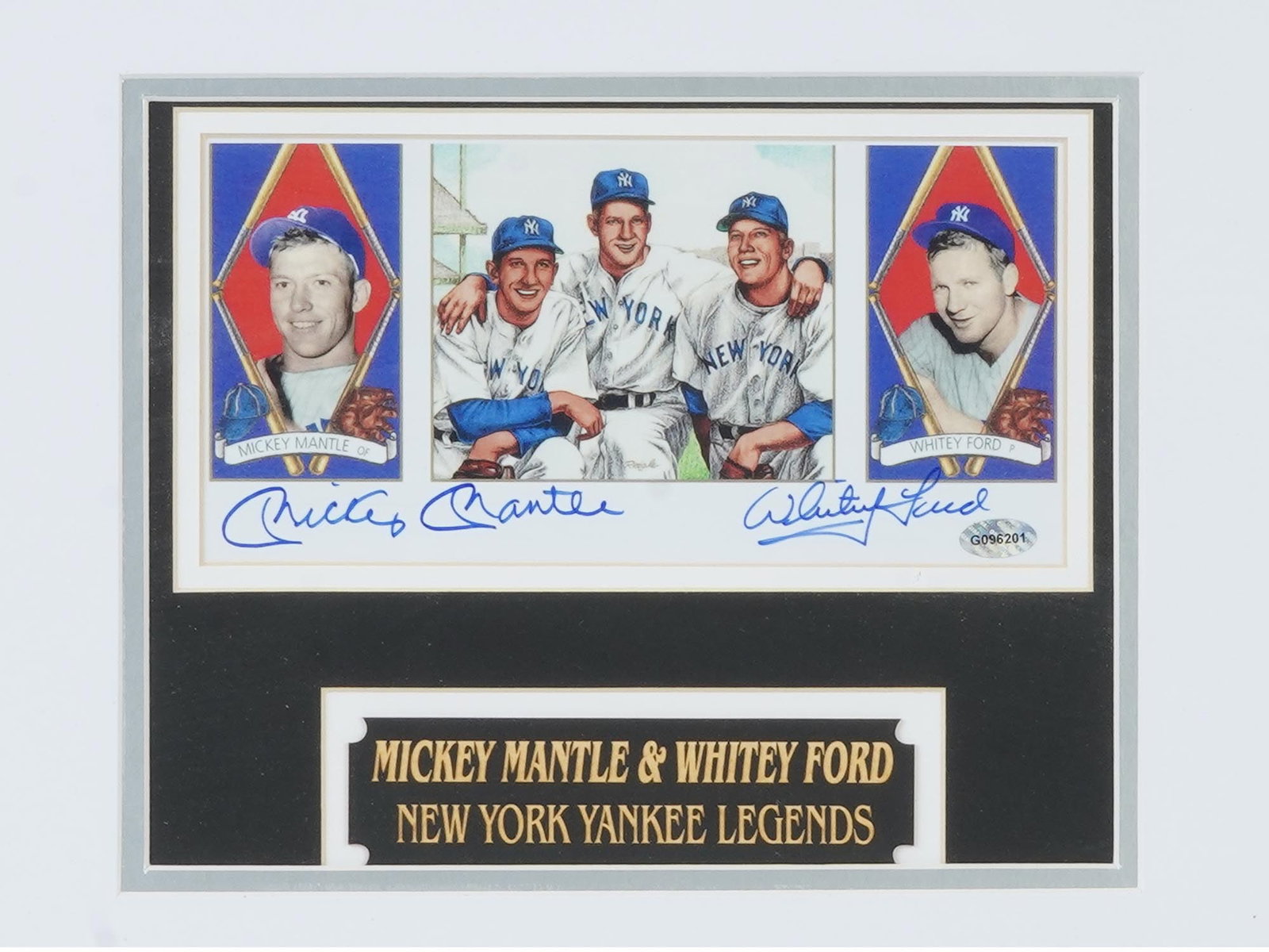 MICKEY MANTLE AND WHITEY FORD SIGNED PHOTOS W COA: A stunning framed display featuring authentic signed photos of Yankees legends Mickey Mantle and Whitey Ford. This piece captures the legacy of two of baseball’s all-time greats and includes a