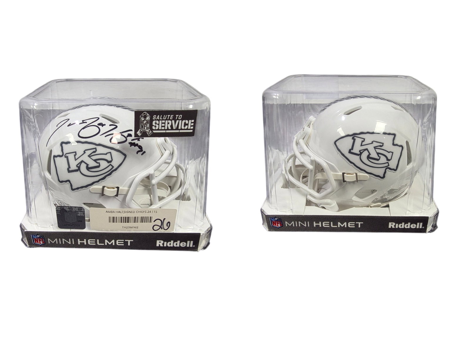 TAMBA HALI SIGNED BECKETT AUTHENTICATED 2024 CHIEFS NFL SPEED SALUTE MINI HELMET: This distinctive sports collectible features an autograph from legendary pass rusher Tamba Hali on a 2024 Kansas City Chiefs NFL Speed Salute to Service mini helmet. Authenticated by Beckett, this mil
