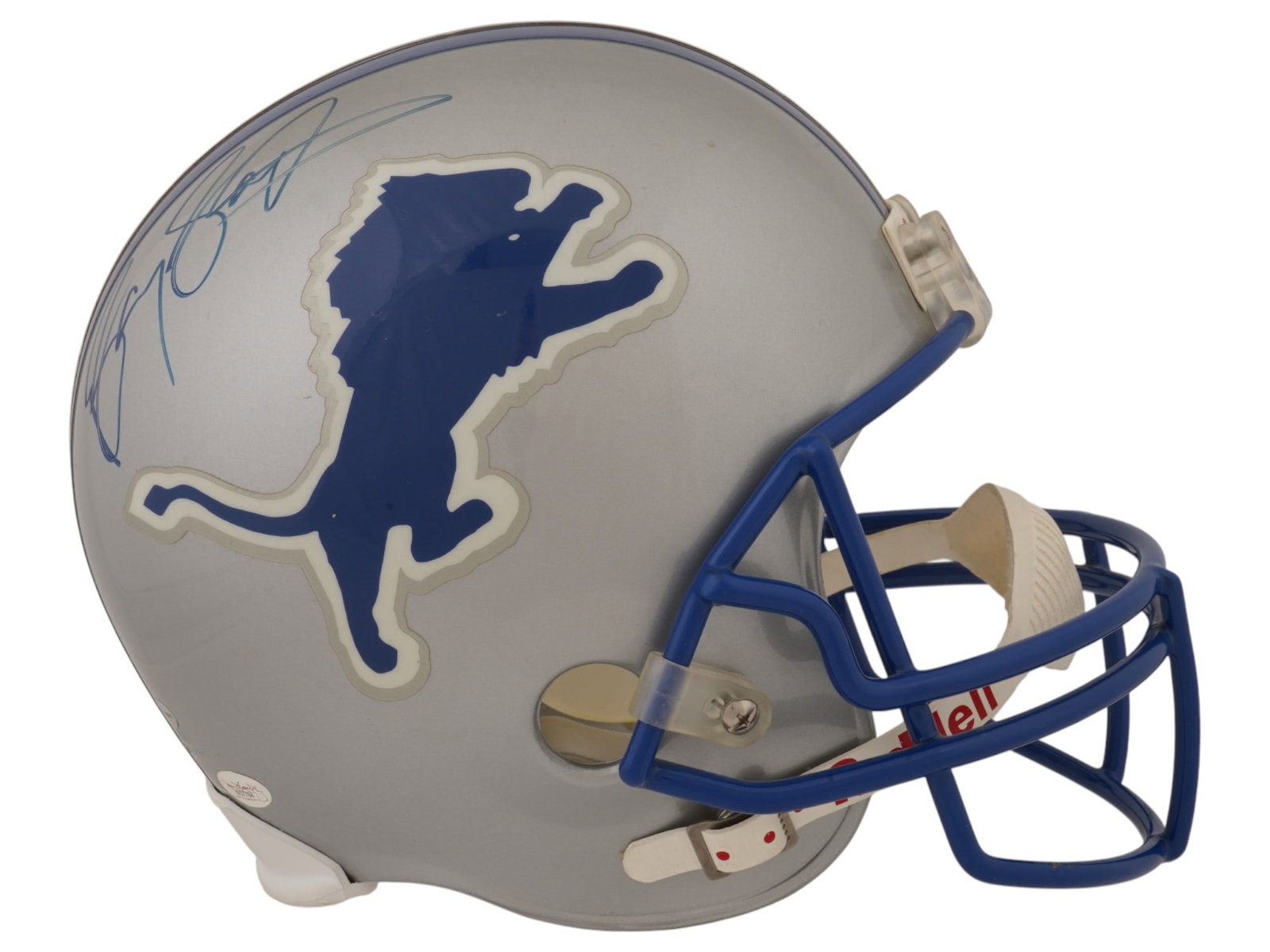 BARRY SANDERS SIGNED DETROIT LIONS RIDDELL HELMET JSA AUTH: This authentic Riddell Detroit Lions football helmet features the team’s classic silver shell adorned with the blue leaping lion logo and traditional blue and white striping down the center. Pro Foo