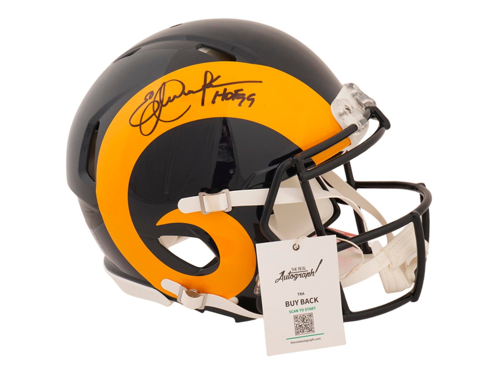 ERIC DICKERSON SIGNED RAMS HELMET "HOF 99": This classic offering features a full-size Los Angeles Rams replica helmet, signed in bold blue paint pen by the prolific Eric Dickerson. A dominant force of the 1980s, Dickerson’s 2,105 rushing yar