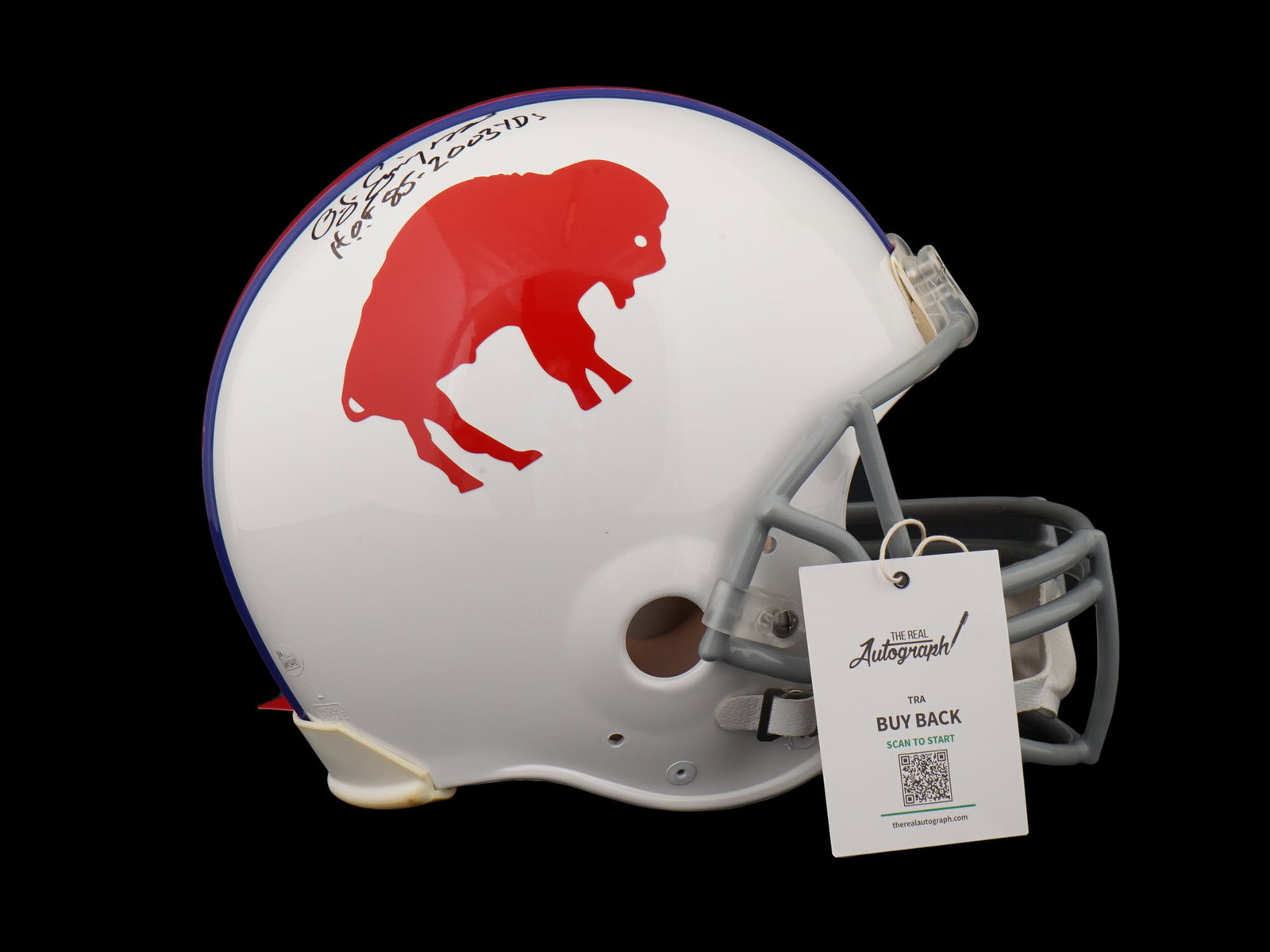 OJ SIMPSON SIGNED BILLS "2003 YARDS" HELMET HOF 85: This historically significant lot features a full-size Buffalo Bills helmet, hand-signed by the legendary Orenthal James Simpson. A centerpiece of the "Electric Company" offense, Simpson made NFL