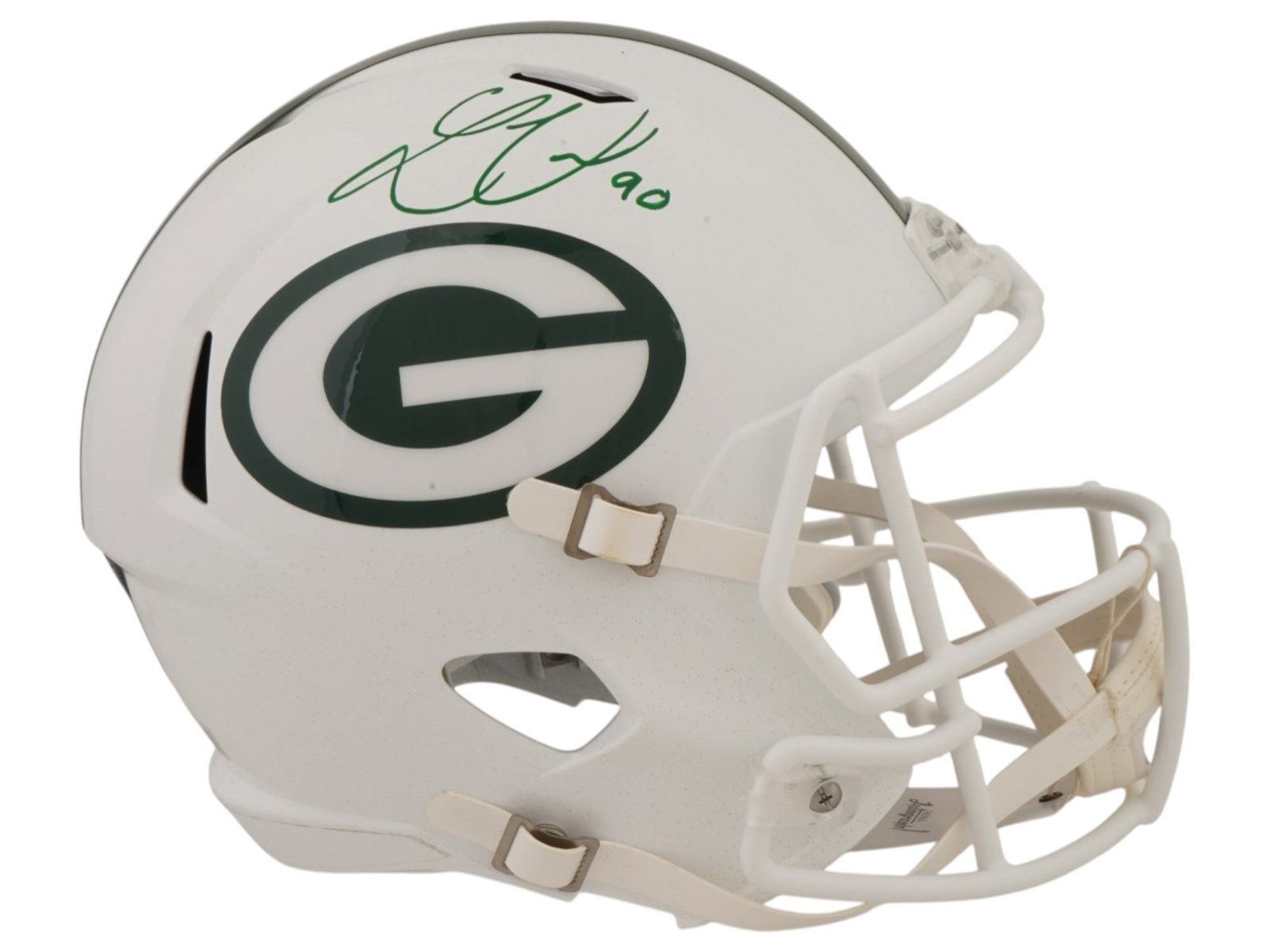 LUKAS VAN NESS SIGNED PACKERS WHITE SPARKLE HELMET BAS COA: This striking lot features a Riddell Speed full-size helmet in a rare "White Sparkle" finish, hand-signed by the Green Bay Packers’ formidable pass rusher, Lukas Van Ness. Selected 13th overall in