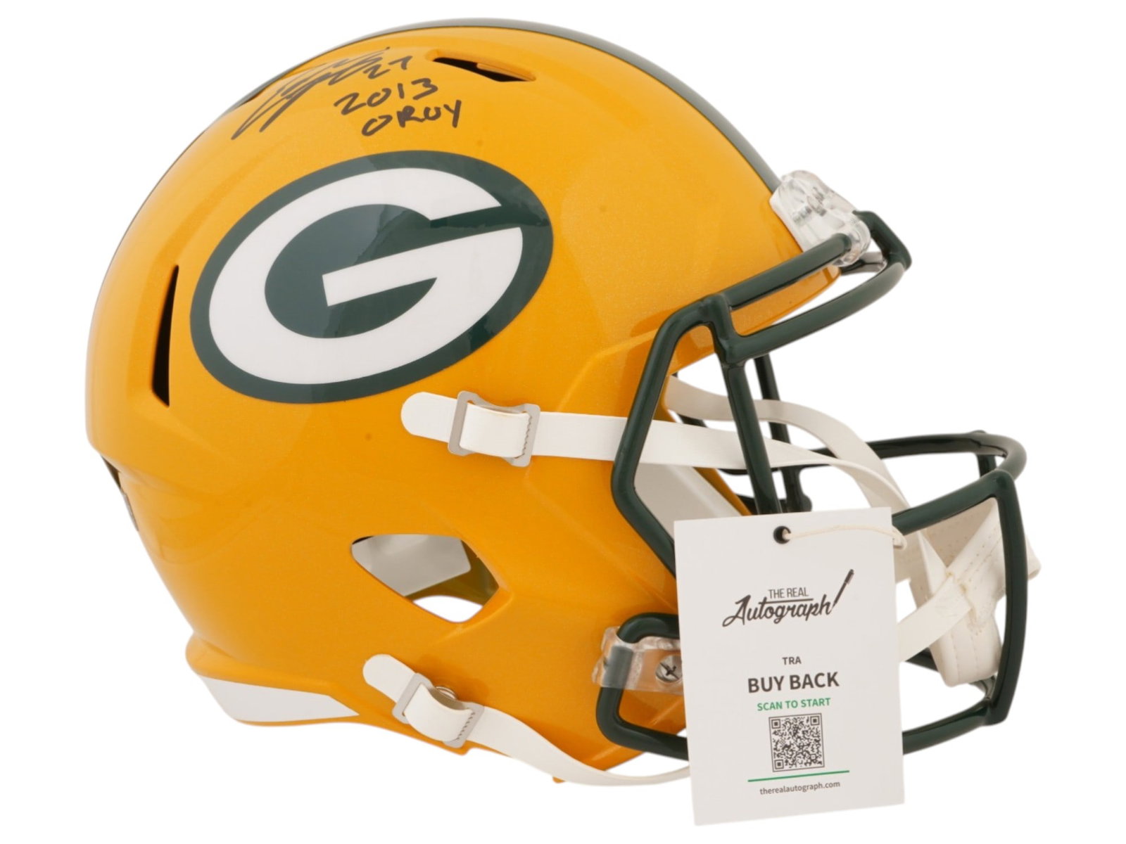 EDDIE LACY SIGNED PACKERS REPLICA HELMET "2013 OROY": This exceptional offering features a full-size Green Bay Packers replica helmet, hand-signed and inscribed "2013 OROY" by the powerful running back Eddie Lacy. A standout second-round selection from