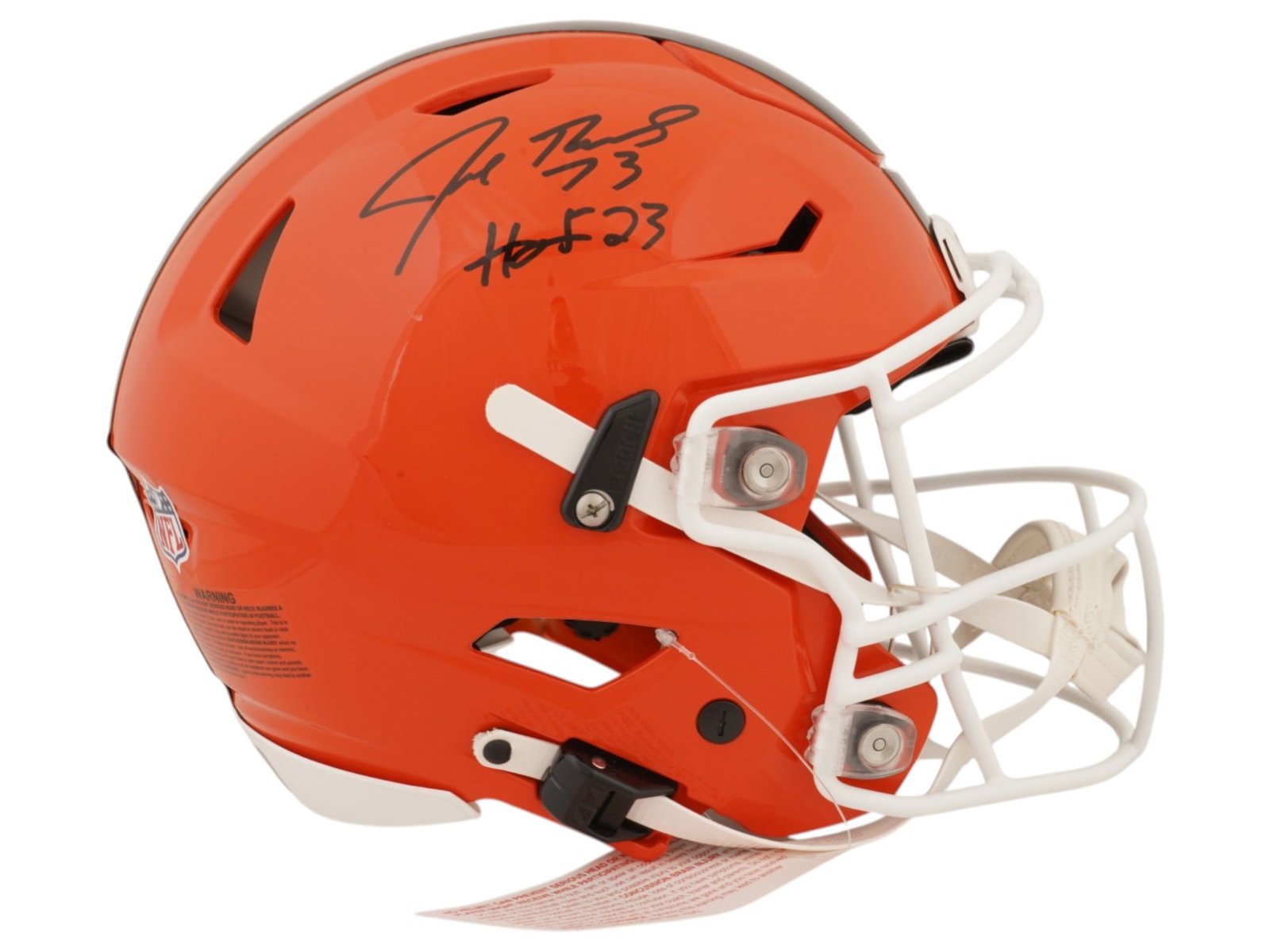 JOE THOMAS SIGNED BROWNS SPEEDFLEX HELMET "HOF 23": This premier lot features a Riddell SpeedFlex helmet, hand-signed and inscribed "HOF 23" by the legendary Cleveland Browns offensive tackle, Joe Thomas. Widely regarded as the "Iron Man" of the