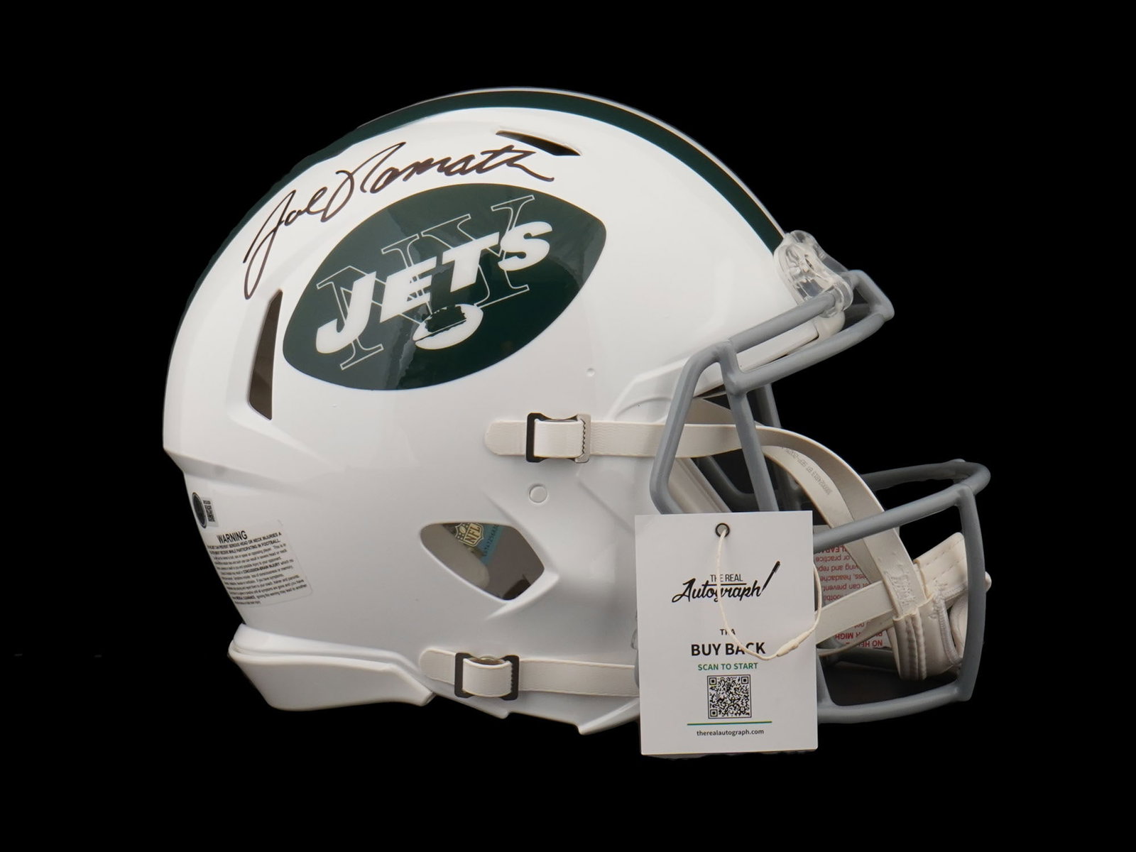 JOE NAMATH SIGNED NEW YORK JETS FULL SIZE HELMET: This premier lot features a full-size New York Jets helmet, hand-signed by the legendary "Broadway Joe," Joe Namath. A transformative figure in professional football, Namath’s career is