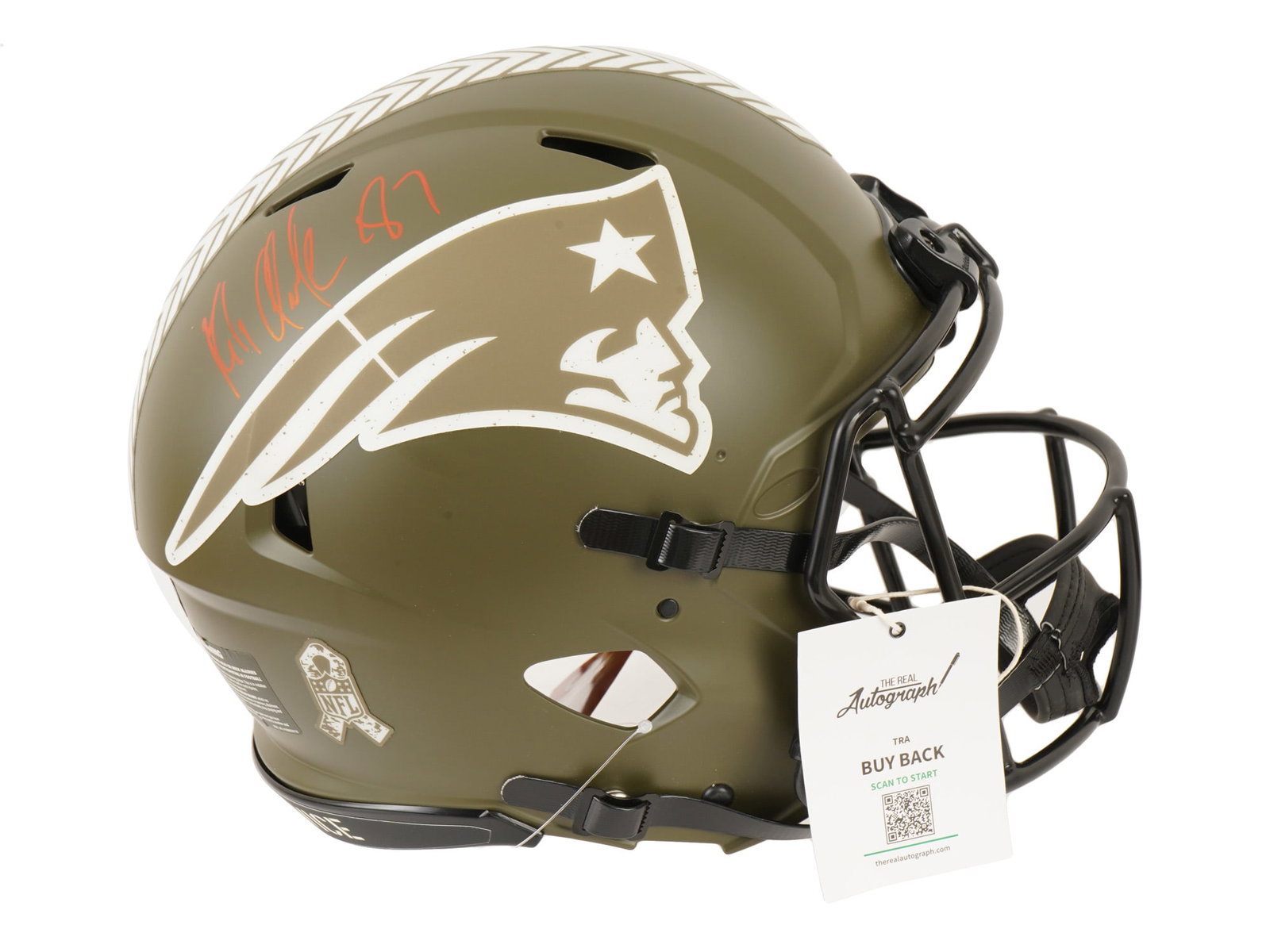 ROB GRONKOWSKI SIGNED SALUTE TO SERVICE HELMET: This premier lot features a Riddell full-size authentic New England Patriots helmet in the distinguished "Salute to Service" finish, hand-signed by the greatest tight end in NFL history, Rob