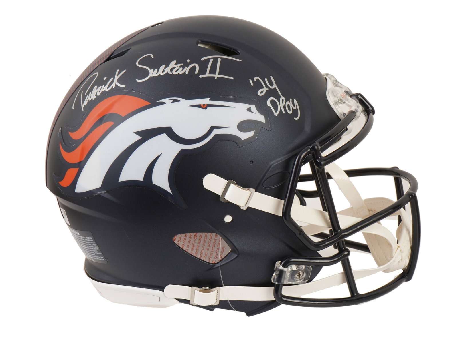 PAT SURTAIN II SIGNED BRONCOS SPEED HELMET 24 DPOY: This premier lot features a Riddell Speed full-size Denver Broncos helmet, hand-signed and inscribed "2024 DPOY" by the elite lockdown cornerback, Patrick Surtain II. In a historic 2024 campaign,