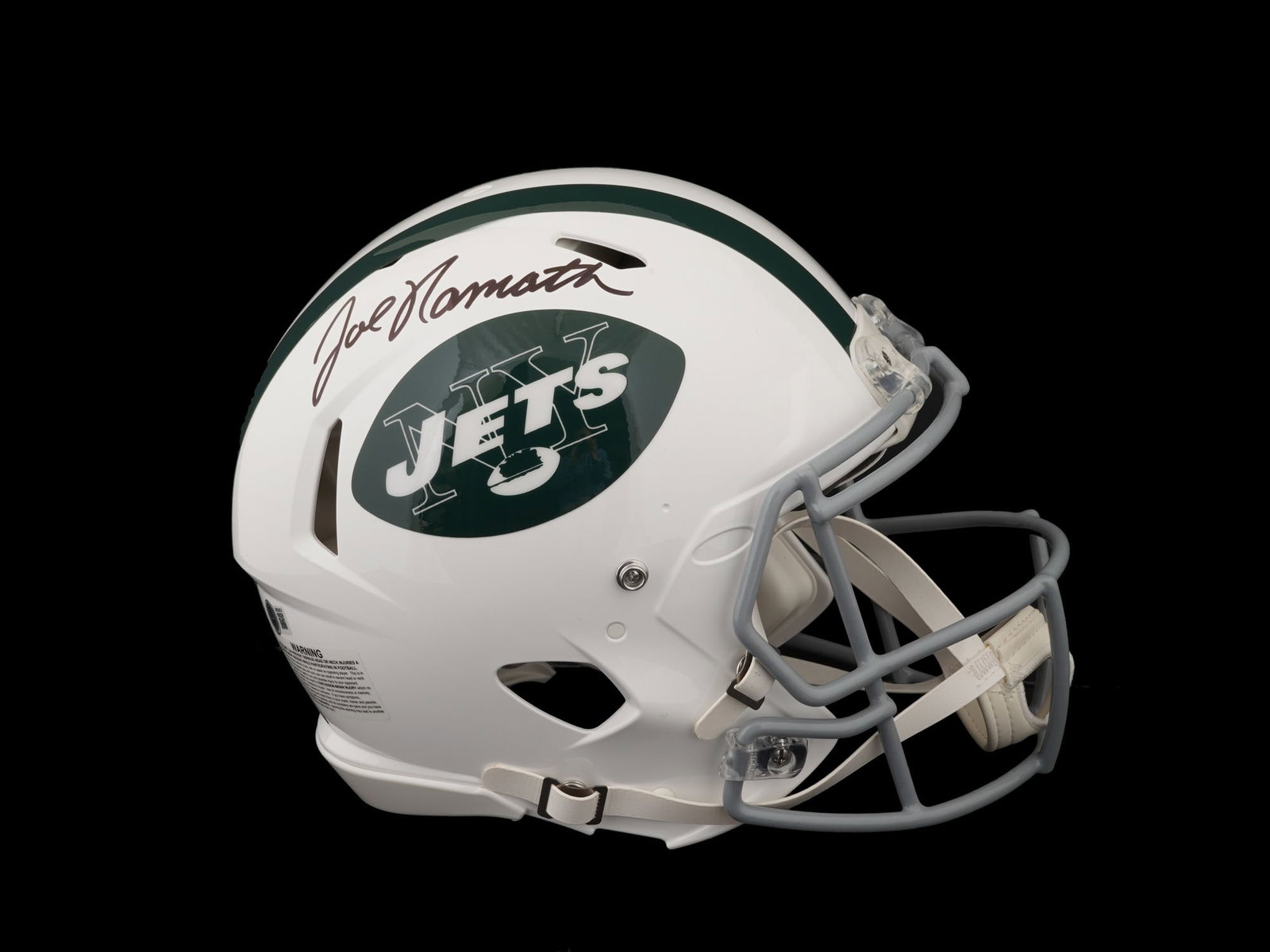 JOE NAMATH SIGNED NEW YORK JETS FULL SIZE HELMET: This premier lot features a full-size New York Jets helmet, hand-signed by the legendary "Broadway Joe," Joe Namath. A transformative figure in professional football, Namath’s career is
