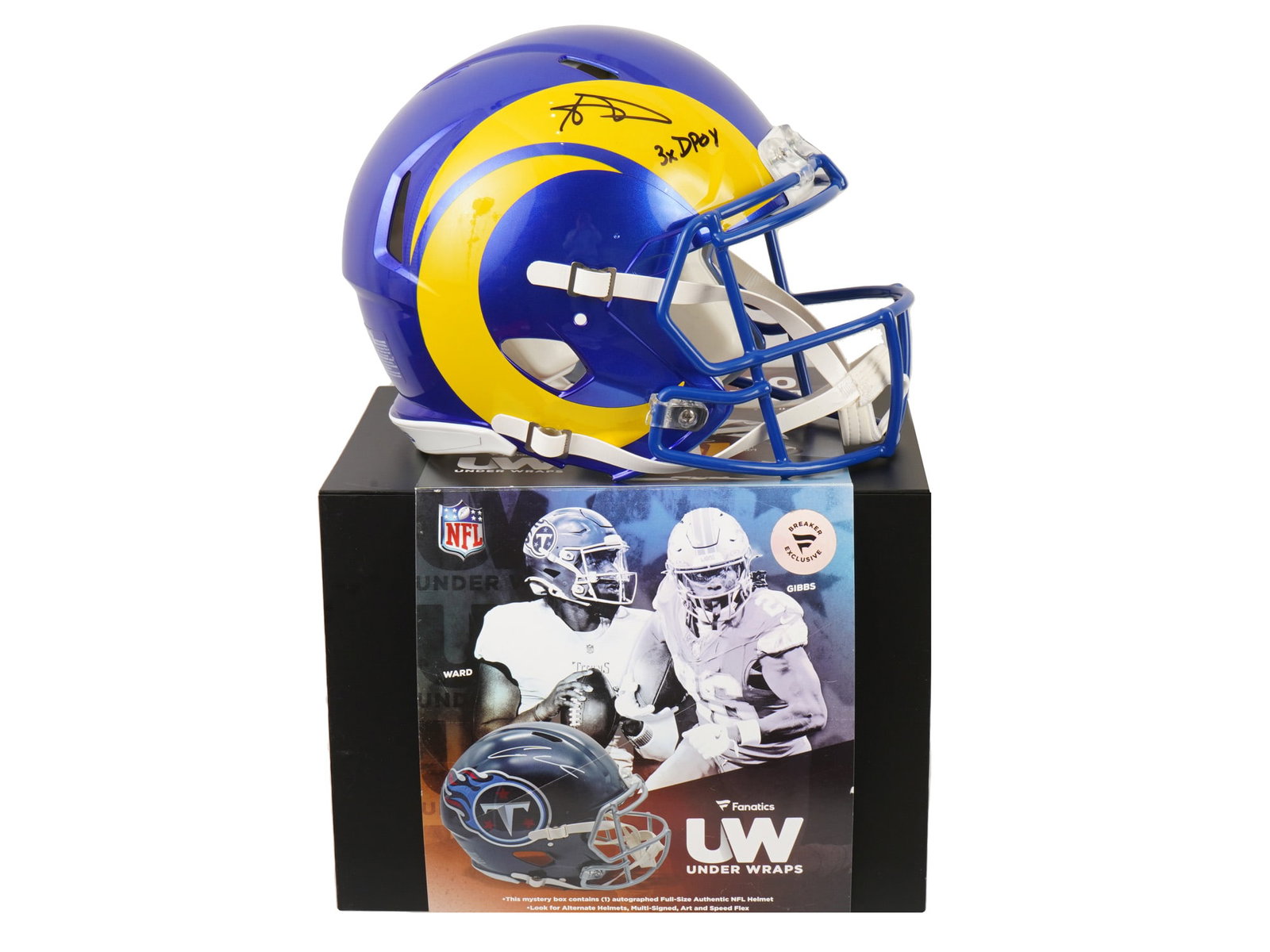 AARON DONALD SIGNED RAMS FULL SIZE HELMET 3X DPOY FANATICS: This premier lot features a Riddell full-size Los Angeles Rams helmet, hand-signed and inscribed “3X DPOY” by the most dominant defensive force of his generation, Aaron Donald. A certain