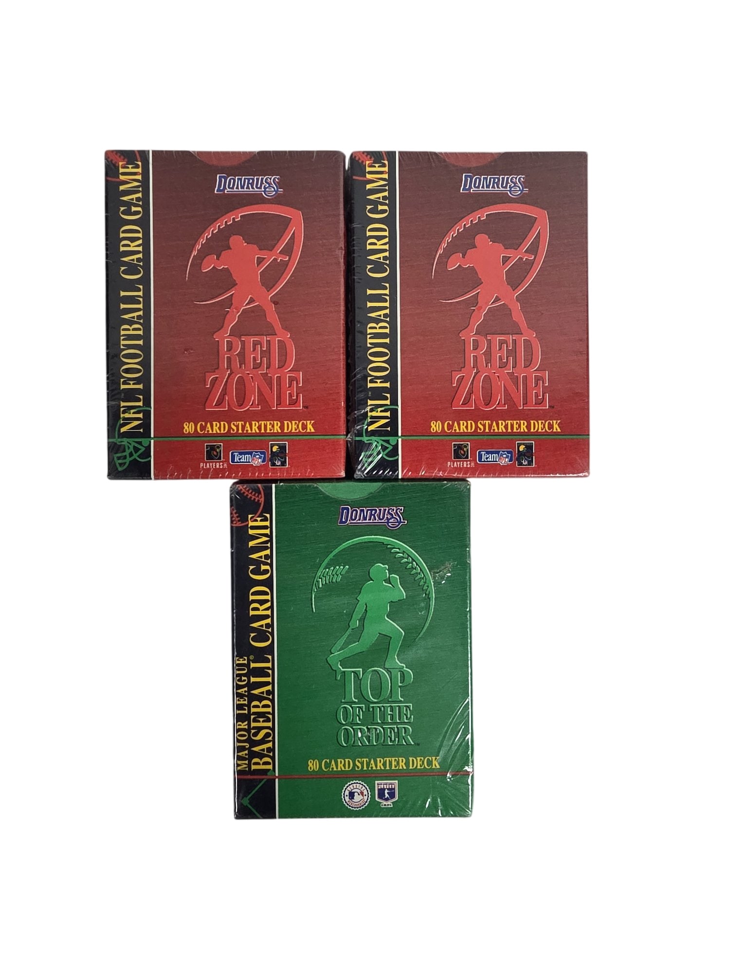 LOT OF THREE SEALED 1995 DONRUSS CARD STARTER DECKS: This eclectic sports trading card lot features three factory-sealed 1995 Donruss collectible card game starter decks. Included are two 80-card "Red Zone" NFL Football decks and one 80-card "Top of